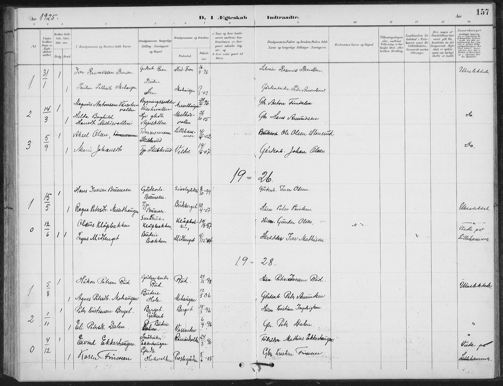 Vestre Gausdal prestekontor, AV/SAH-PREST-094/H/Ha/Hab/L0004: Klokkerbok nr. 4, 1898-1939, s. 157