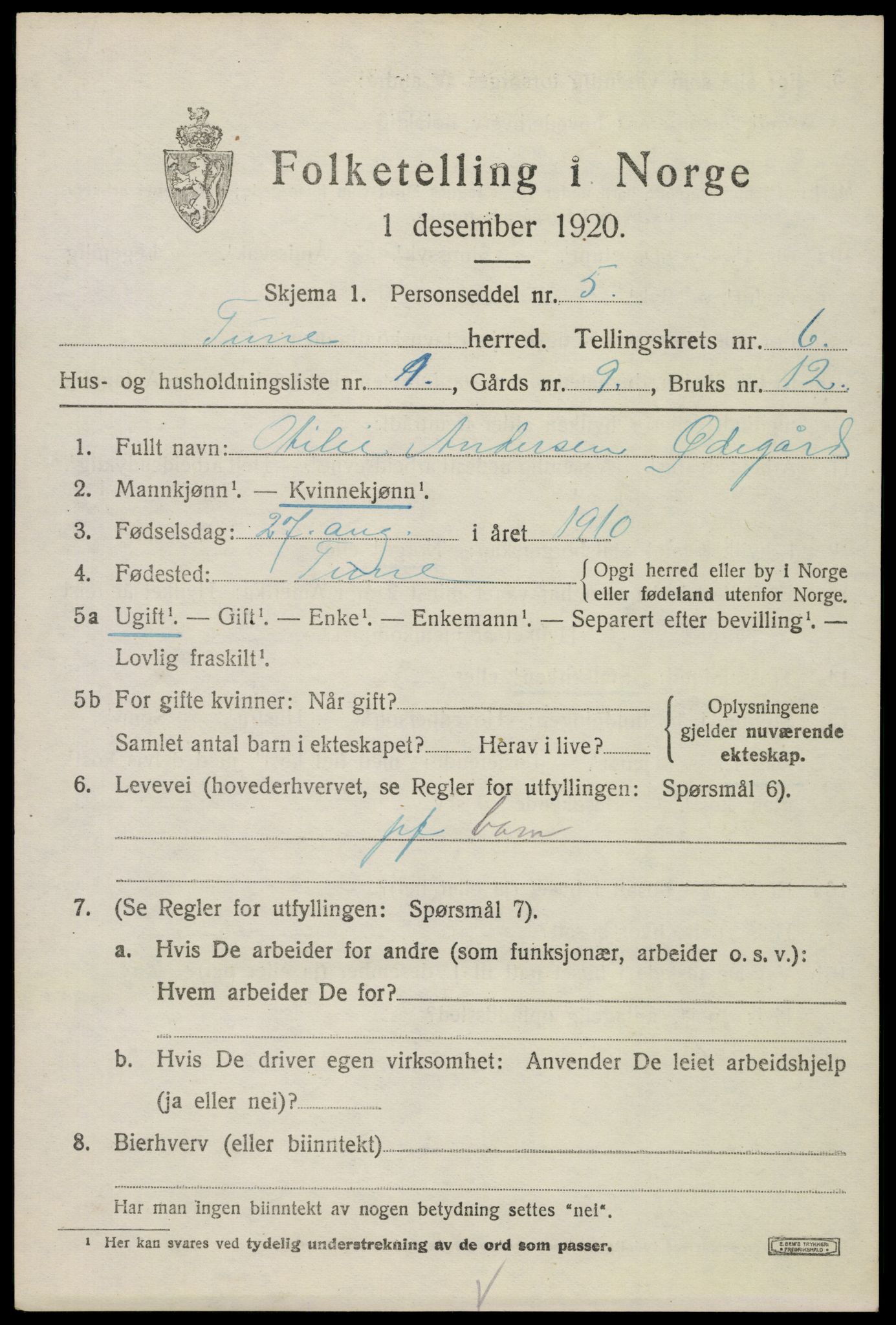 SAO, Folketelling 1920 for 0130 Tune herred, 1920, s. 5680