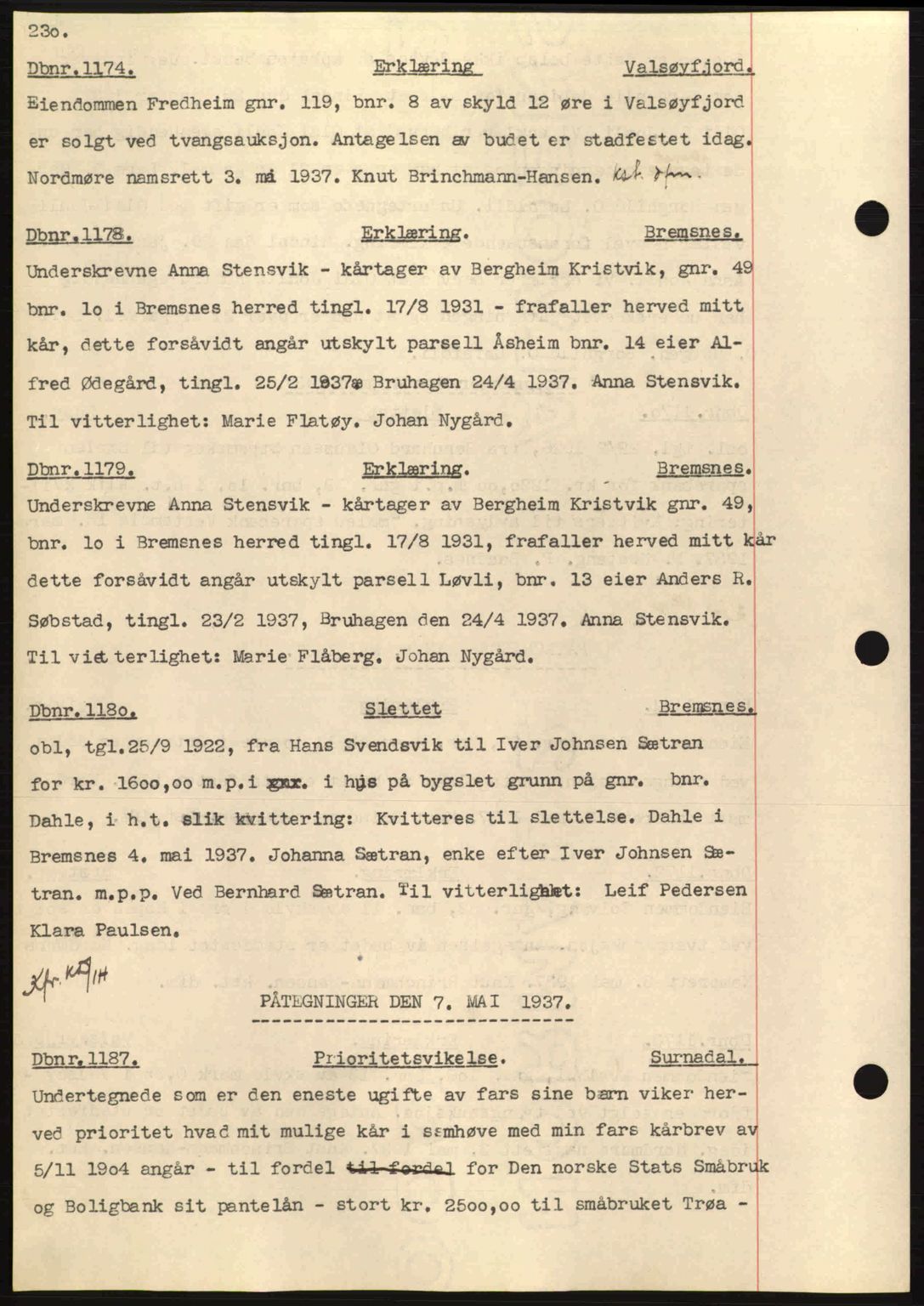 Nordmøre sorenskriveri, SAT/A-4132/1/2/2Ca: Pantebok nr. C80, 1936-1939, Dagboknr: 1174/1937