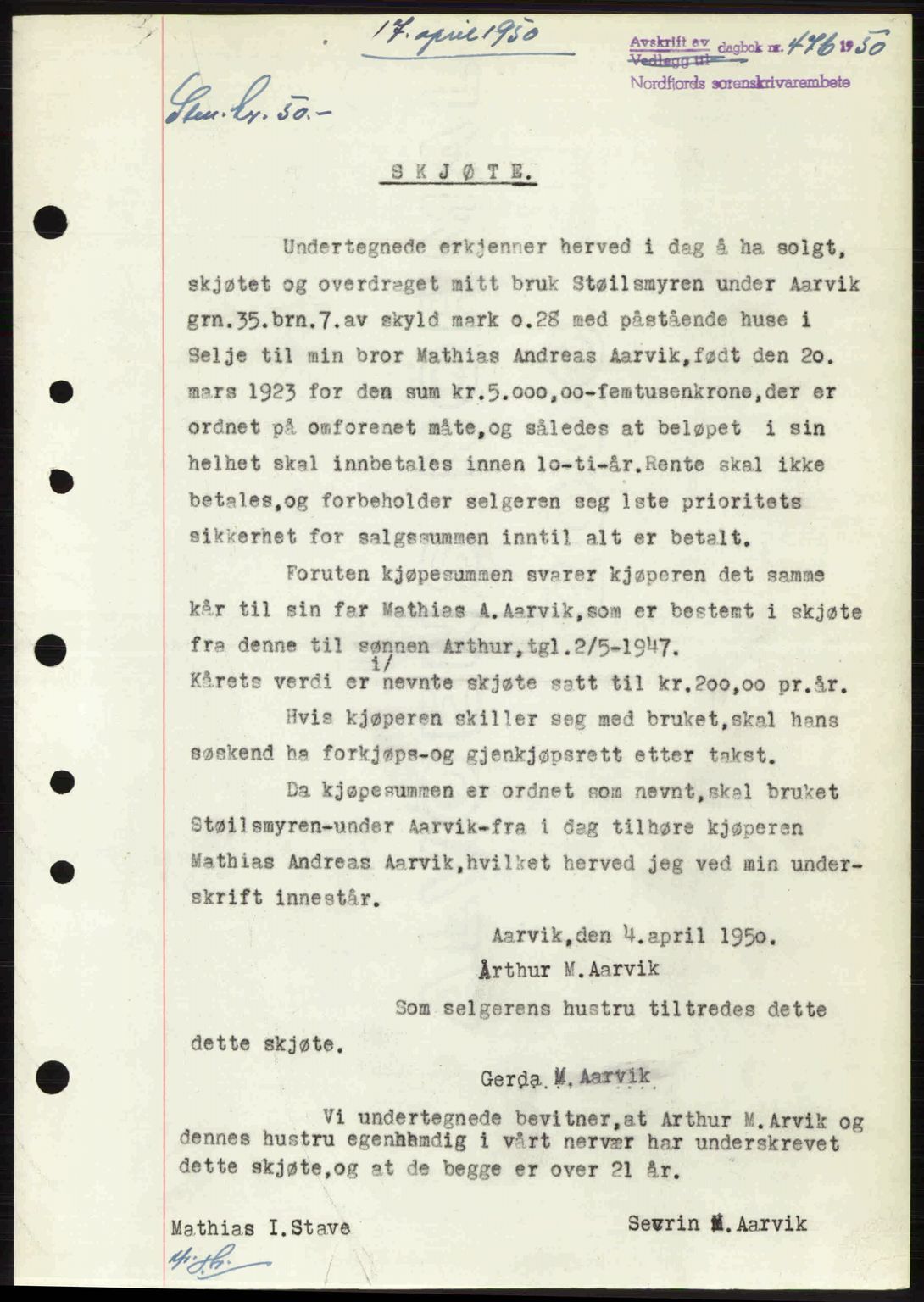 Nordfjord sorenskriveri, SAB/A-2801/02/02b/02bj/L0016a: Pantebok nr. A16 I, 1949-1950, Dagboknr: 476/1950
