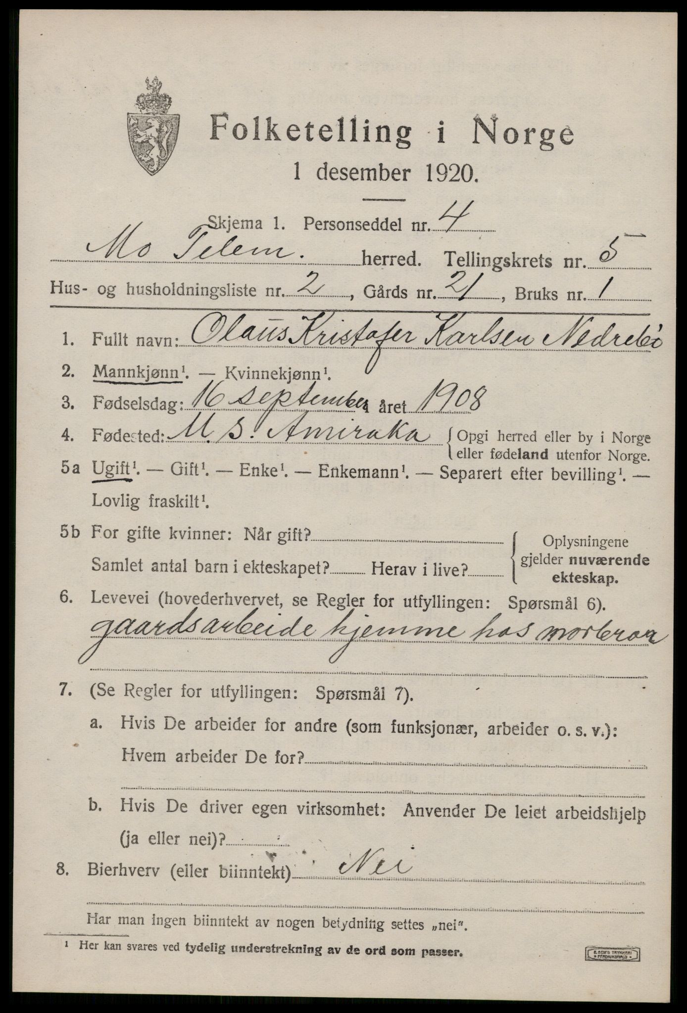 SAKO, Folketelling 1920 for 0832 Mo herred, 1920, s. 2014