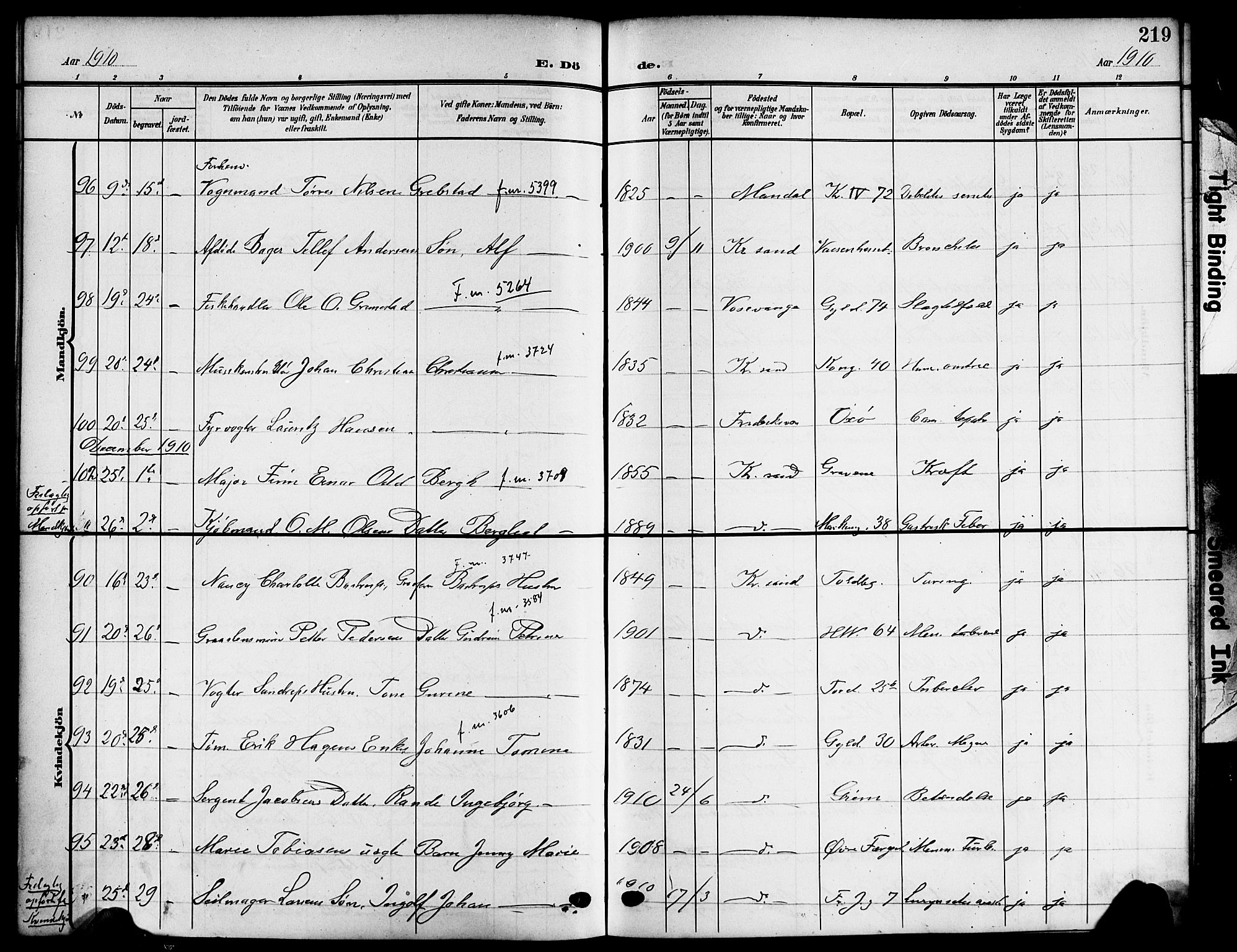 Kristiansand domprosti, AV/SAK-1112-0006/F/Fb/L0020: Klokkerbok nr. B 20, 1906-1915, s. 219