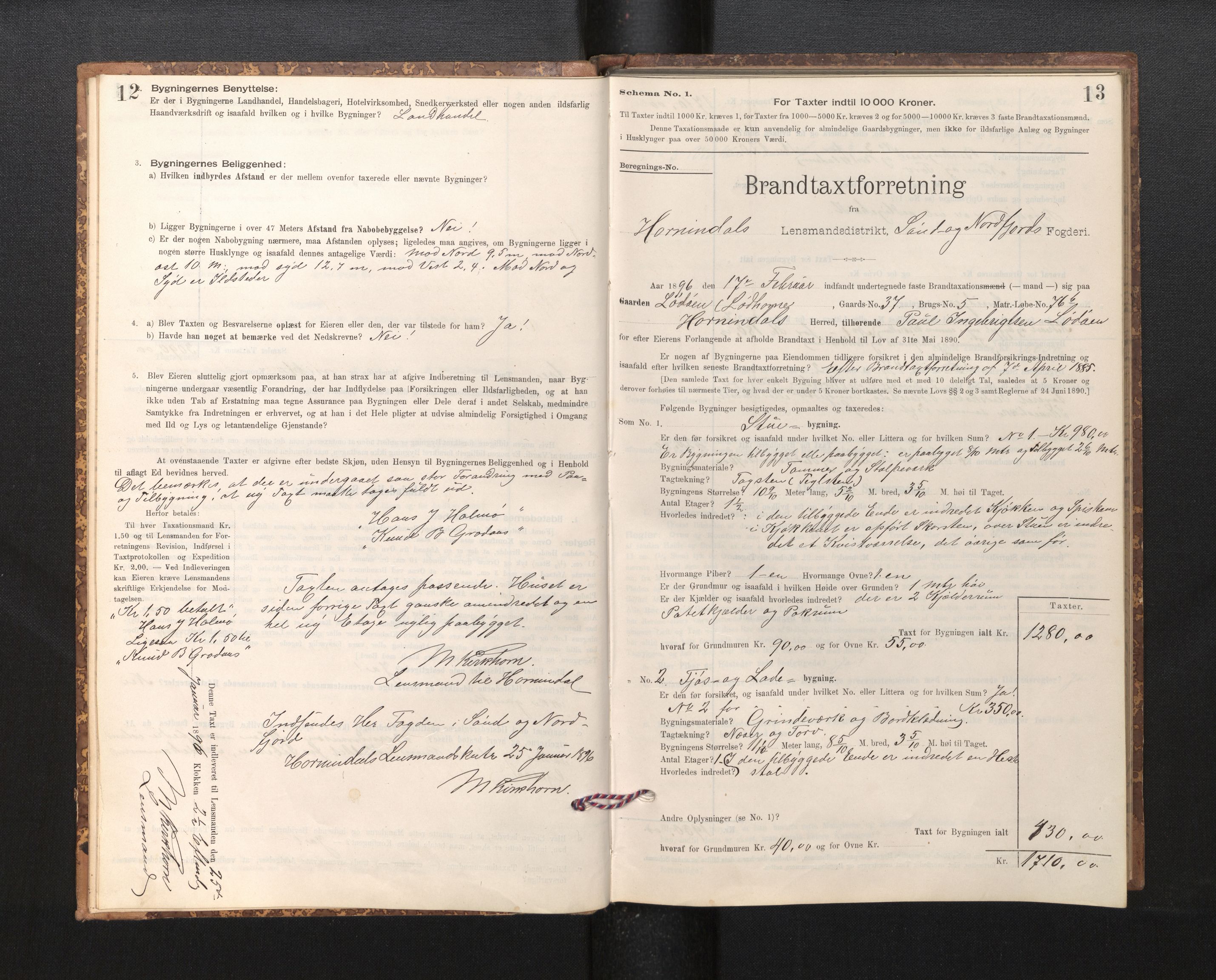 Lensmannen i Hornindal, SAB/A-28201/0012/L0001: Branntakstprotokoll, skjematakst, 1895-1951, s. 12-13