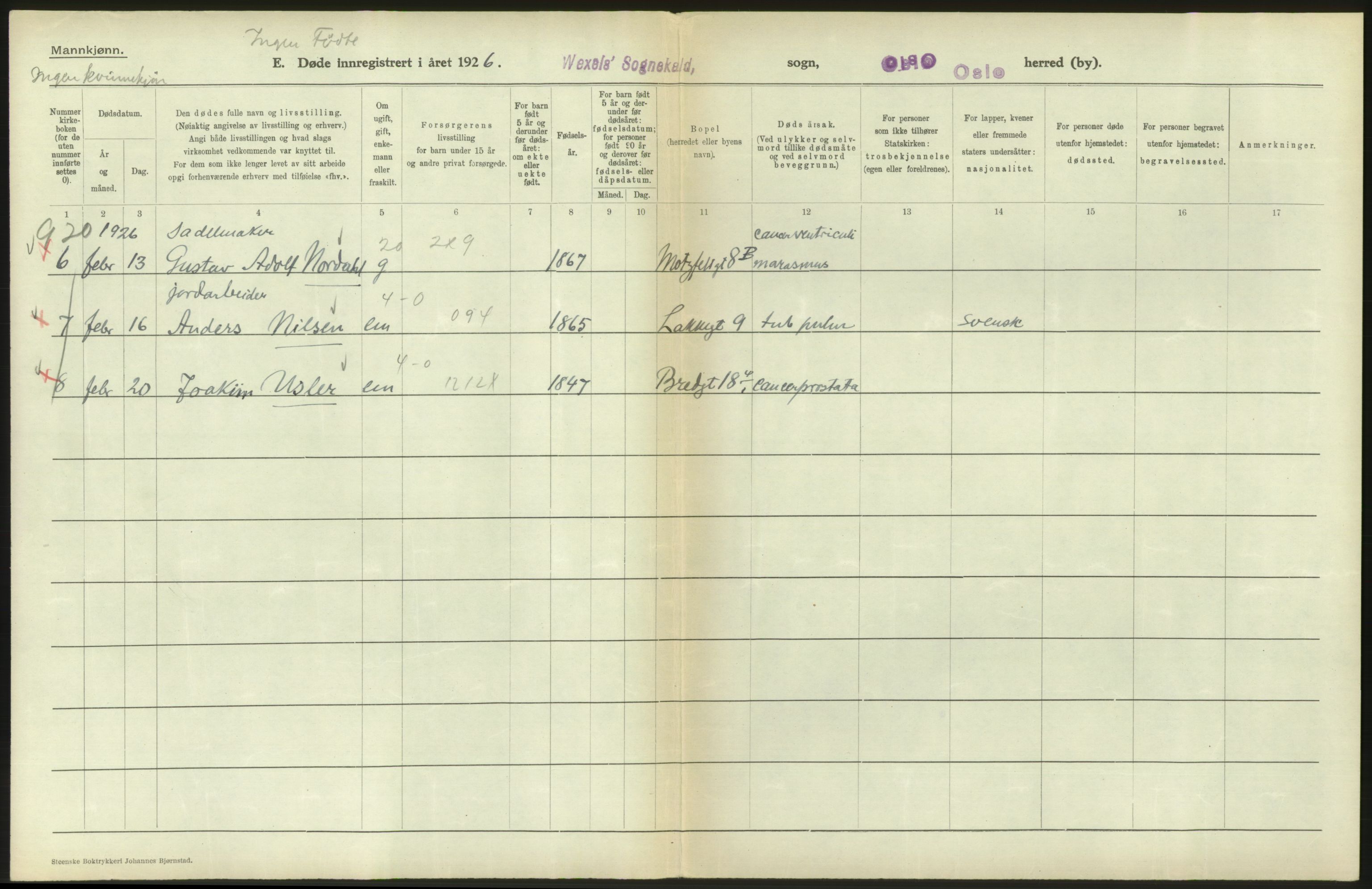 Statistisk sentralbyrå, Sosiodemografiske emner, Befolkning, AV/RA-S-2228/D/Df/Dfc/Dfcf/L0009: Oslo: Døde menn, 1926, s. 510