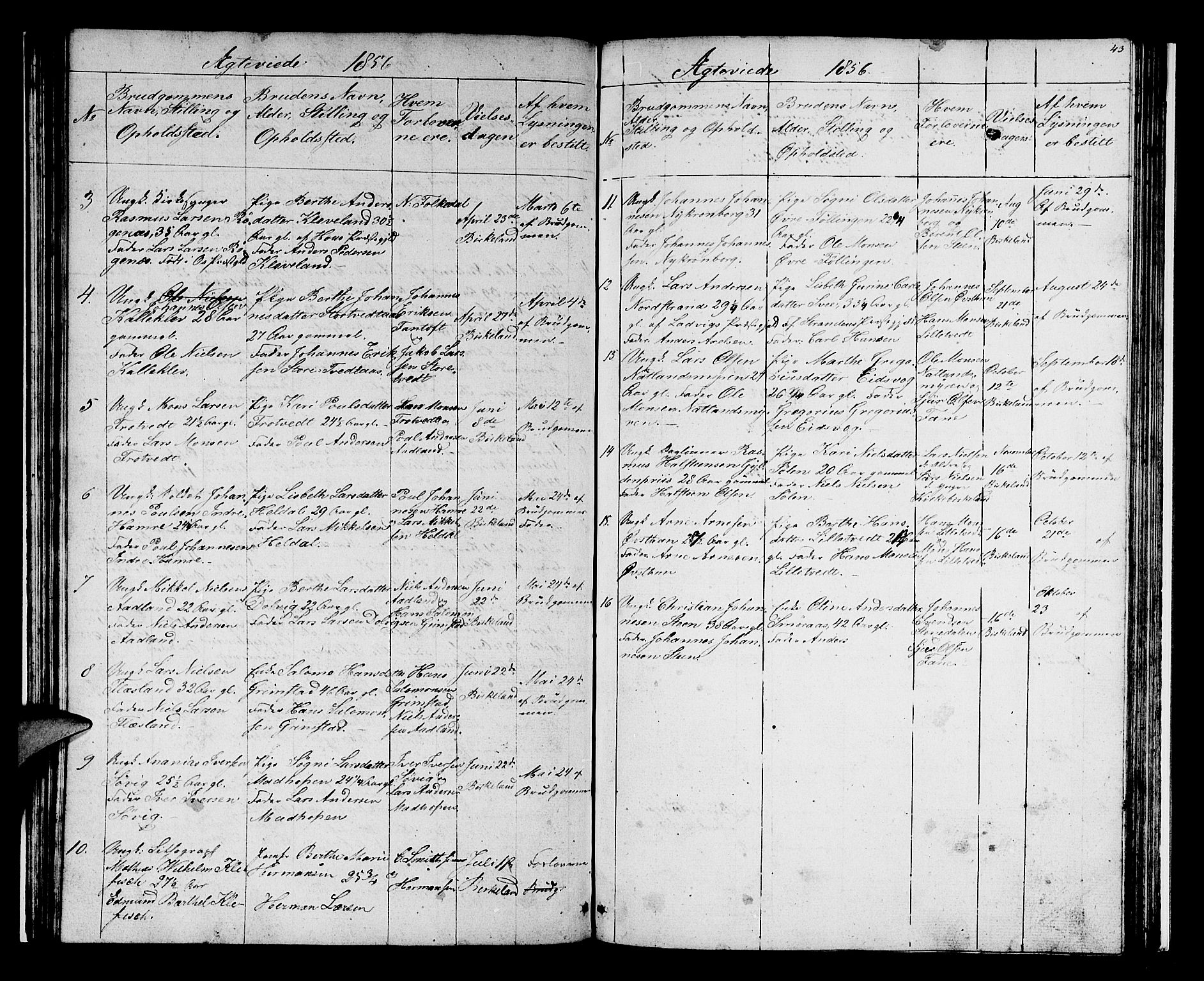 Birkeland Sokneprestembete, AV/SAB-A-74601/H/Hab: Klokkerbok nr. A 1, 1853-1862, s. 43