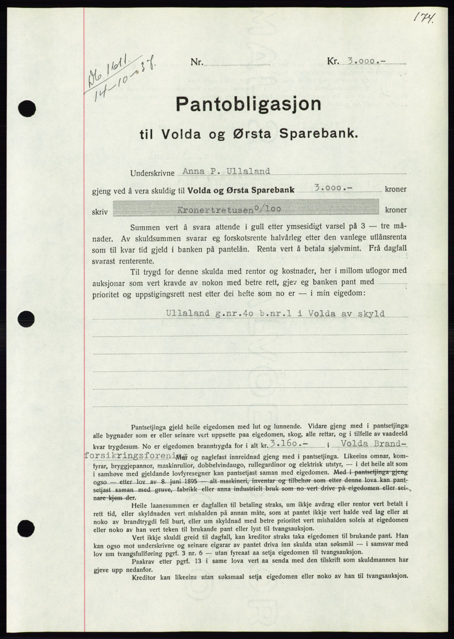 Søre Sunnmøre sorenskriveri, SAT/A-4122/1/2/2C/L0064: Pantebok nr. 58, 1937-1938, Dagboknr: 1611/1937