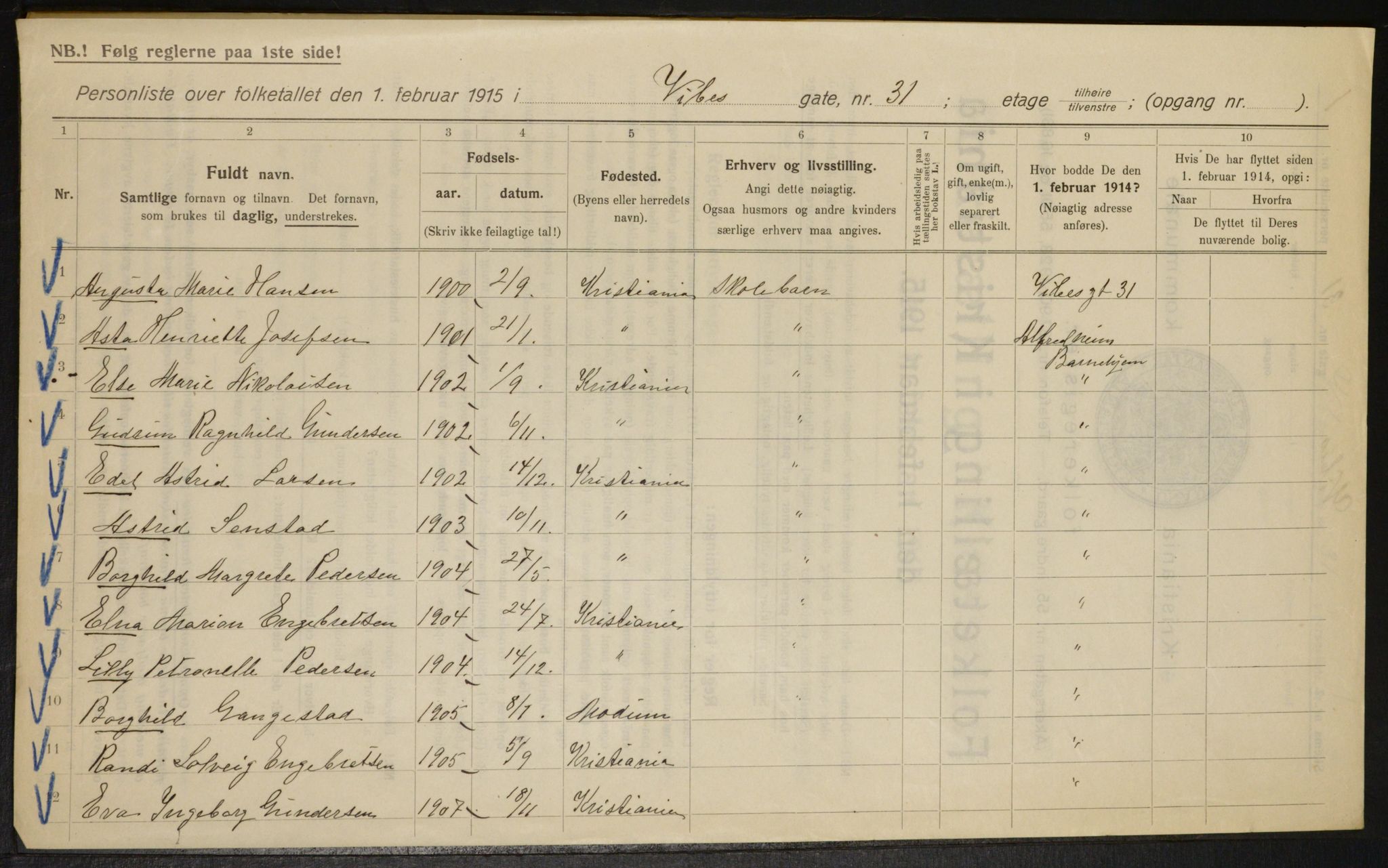 OBA, Kommunal folketelling 1.2.1915 for Kristiania, 1915, s. 124064