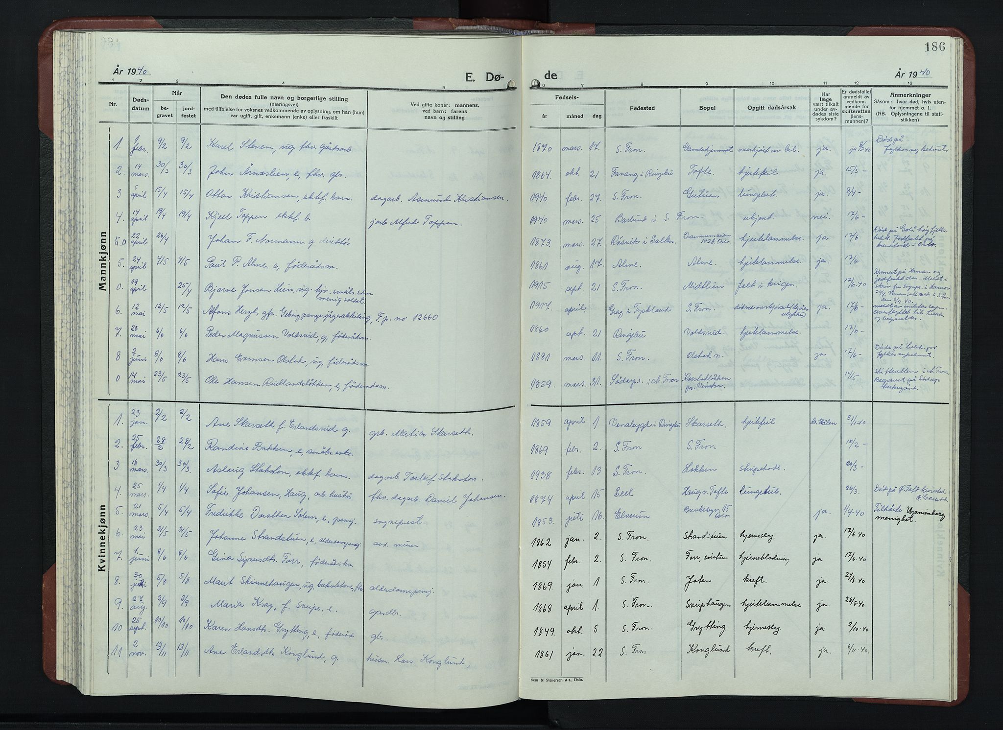 Sør-Fron prestekontor, SAH/PREST-010/H/Ha/Hab/L0006: Klokkerbok nr. 6, 1933-1948, s. 186