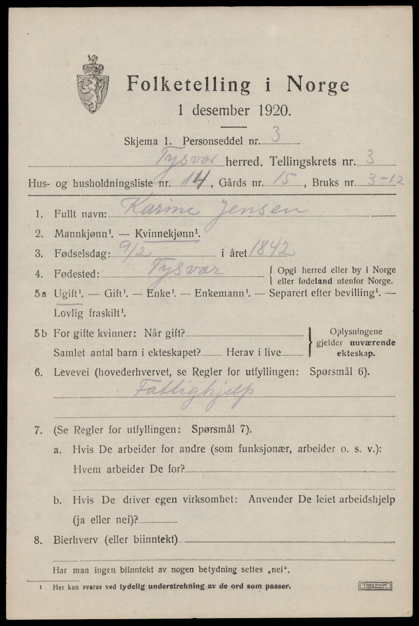 SAST, Folketelling 1920 for 1146 Tysvær herred, 1920, s. 1472