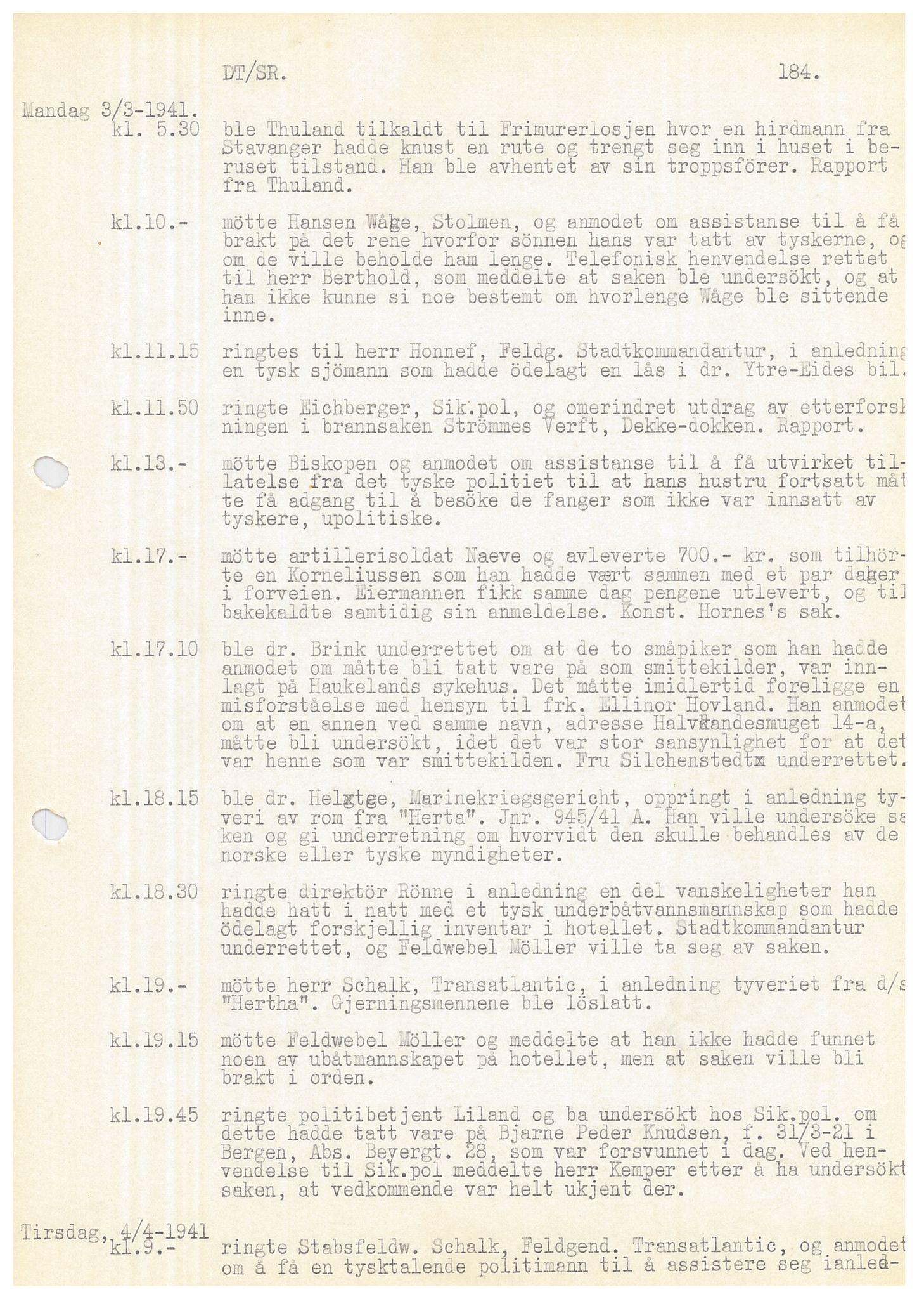 Bergen politikammer / politidistrikt, SAB/A-60401/Y/Ye/L0001: Avskrift av krigsdagbok av Dankert Thuland, 1940-1941, s. 184