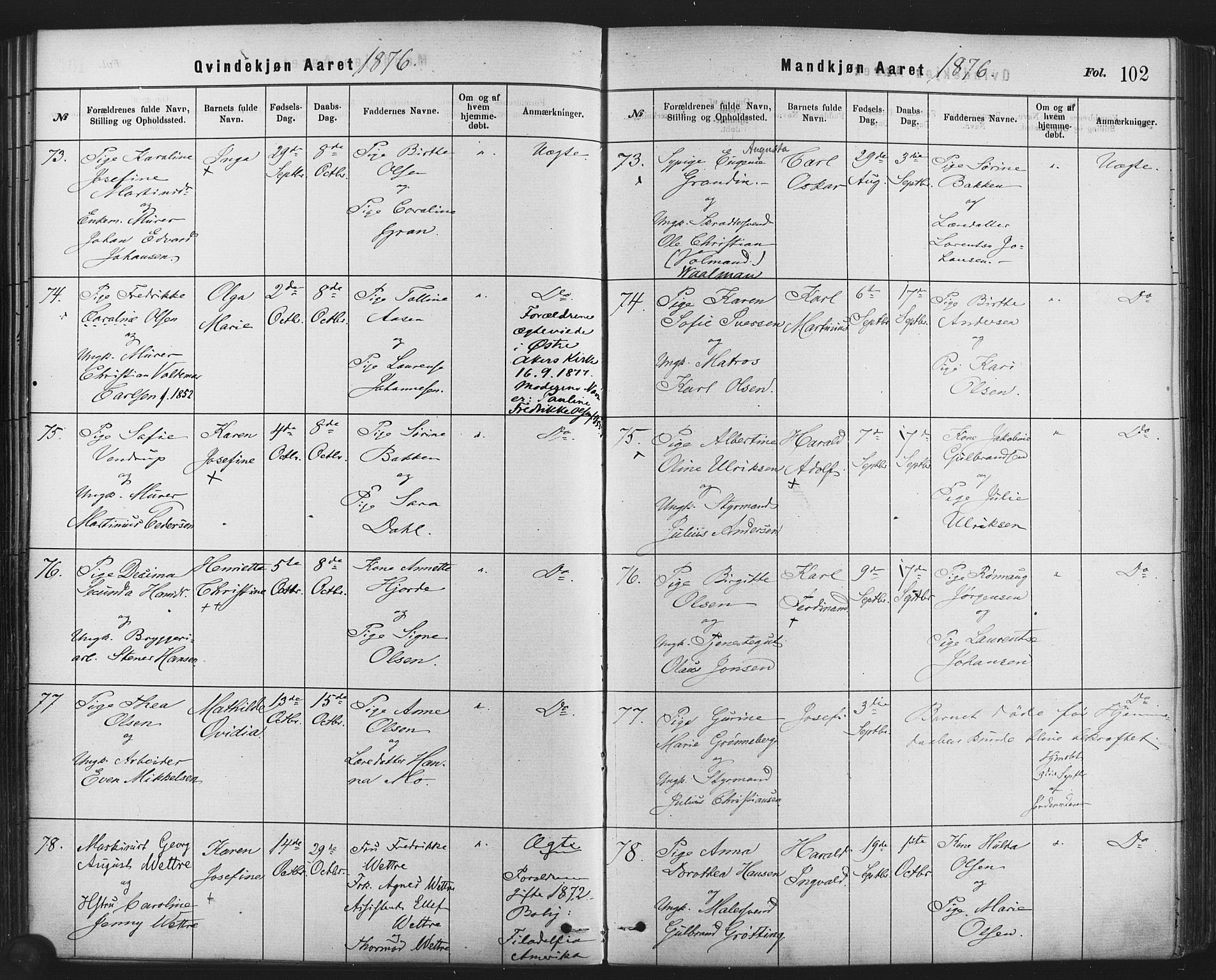 Rikshospitalet prestekontor Kirkebøker, AV/SAO-A-10309b/F/L0006: Ministerialbok nr. 6, 1871-1885, s. 102