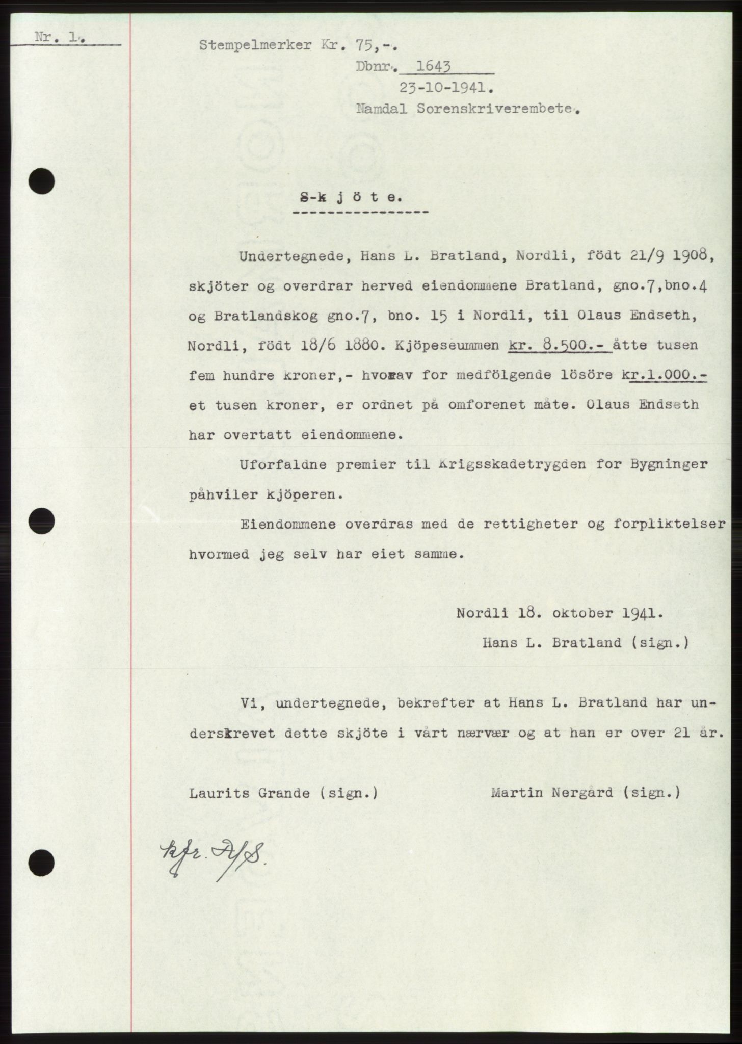 Namdal sorenskriveri, SAT/A-4133/1/2/2C: Pantebok nr. -, 1941-1942, Dagboknr: 1643/1941