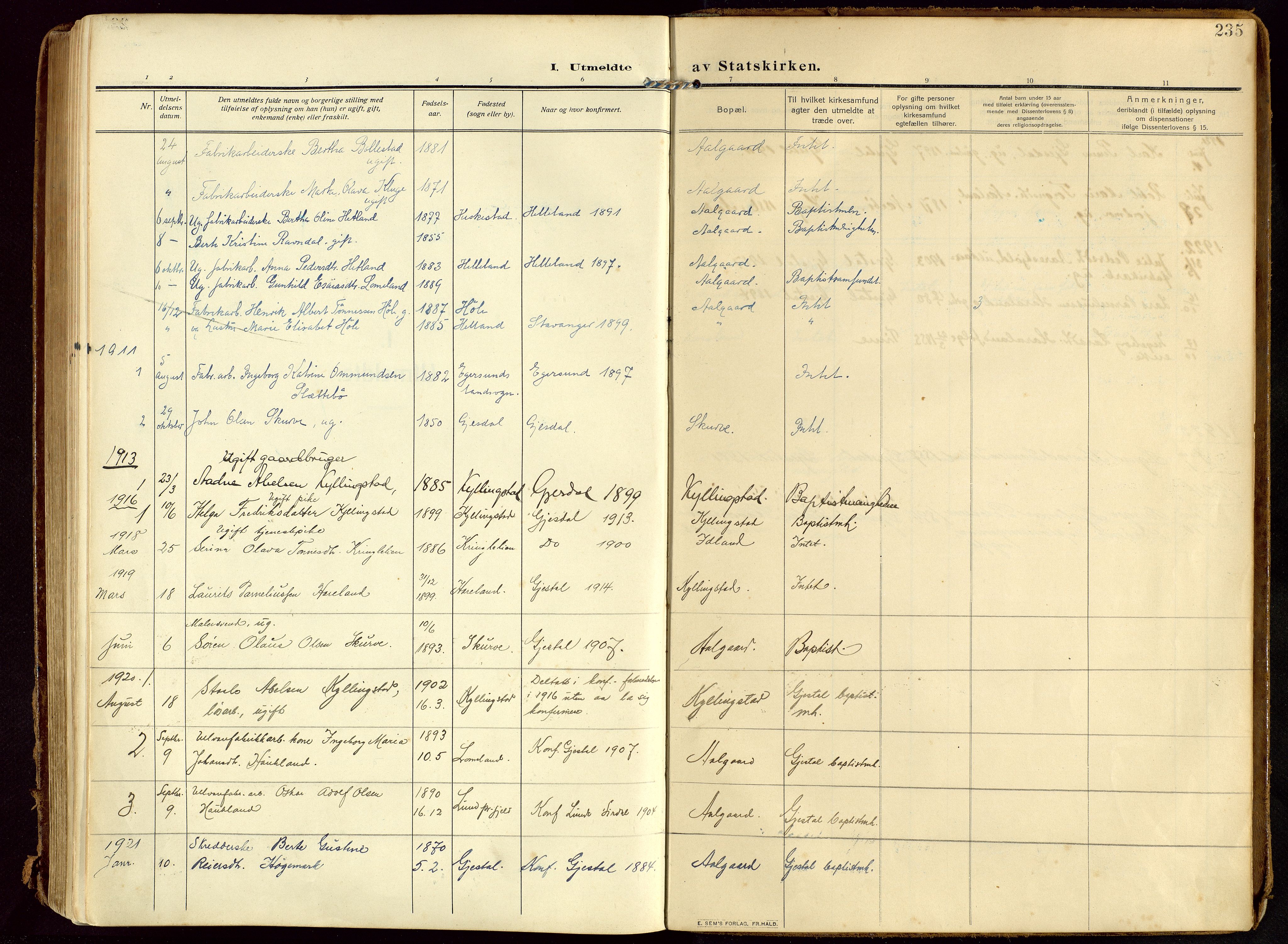 Lye sokneprestkontor, AV/SAST-A-101794/002/B/L0001: Ministerialbok nr. A 13, 1910-1925, s. 235
