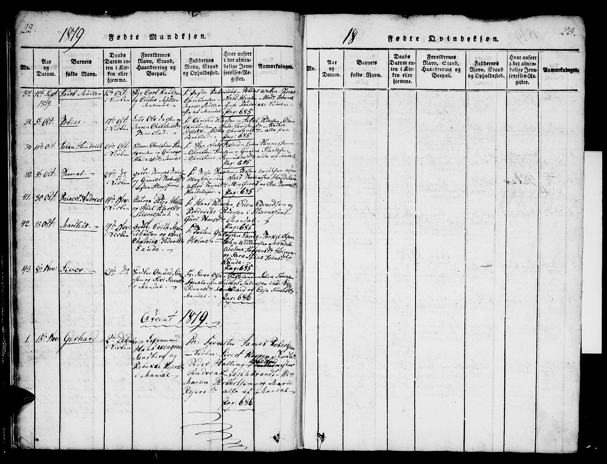 Mandal sokneprestkontor, AV/SAK-1111-0030/F/Fa/Faa/L0010: Ministerialbok nr. A 10, 1817-1830, s. 22-23