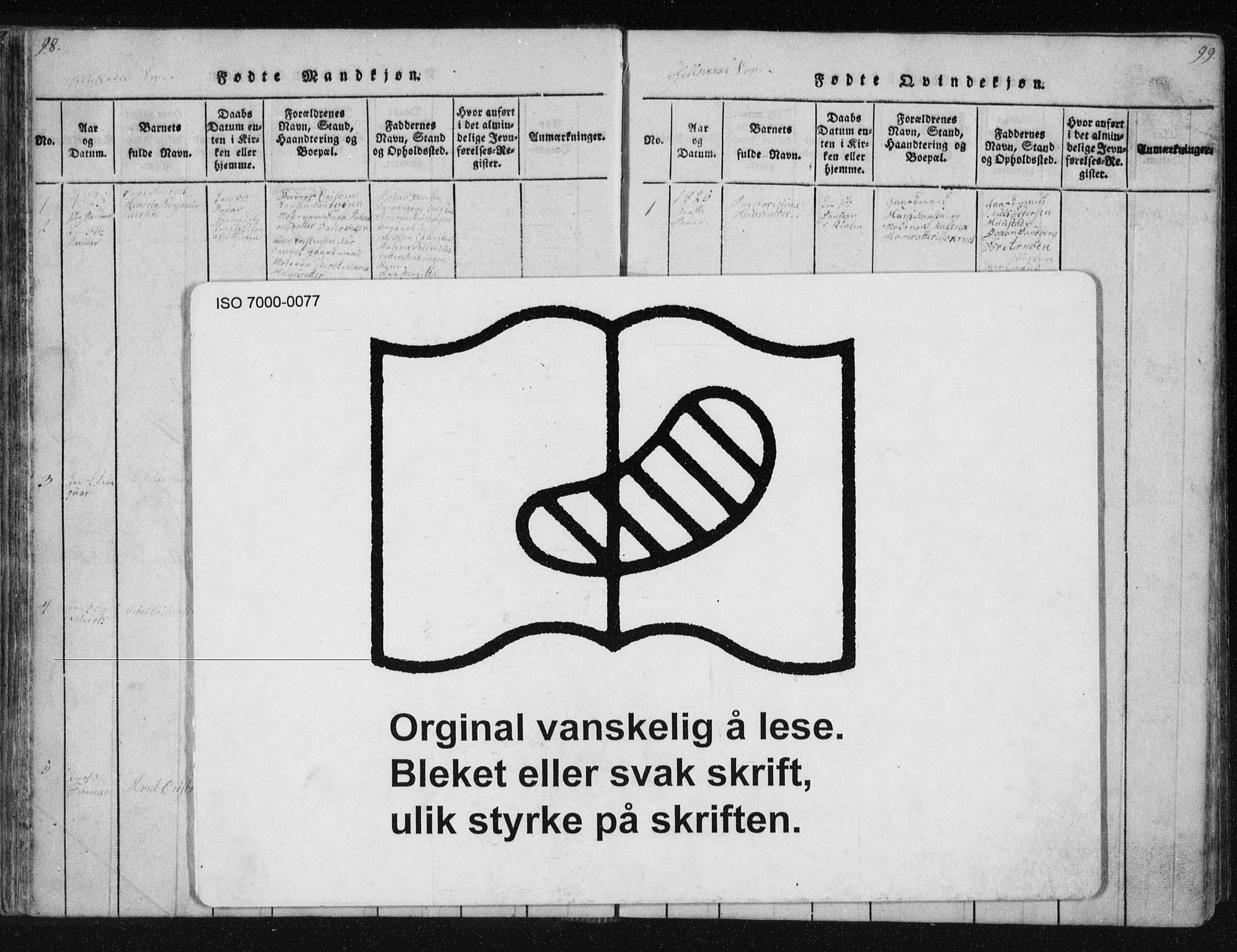 Ministerialprotokoller, klokkerbøker og fødselsregistre - Nordland, SAT/A-1459/805/L0096: Ministerialbok nr. 805A03, 1820-1837, s. 98-99