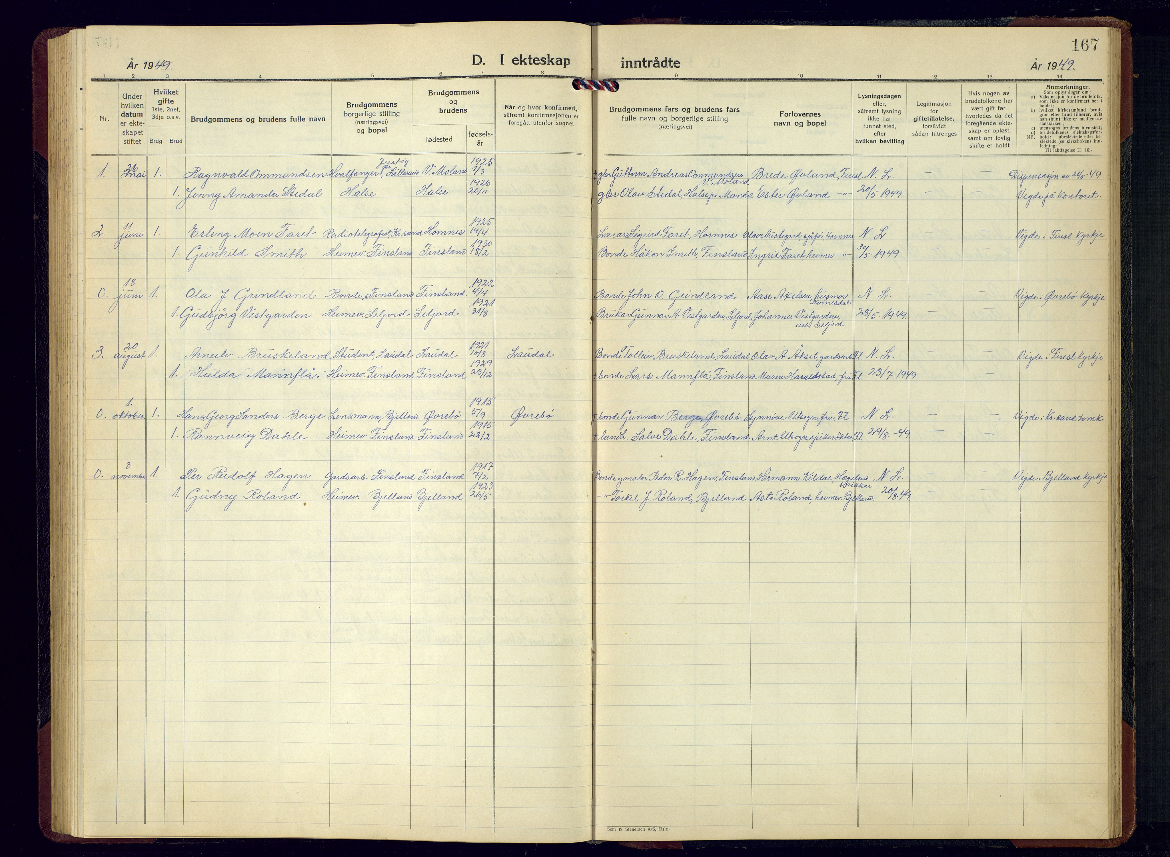 Bjelland sokneprestkontor, AV/SAK-1111-0005/F/Fb/Fbb/L0007: Klokkerbok nr. B-7, 1947-1979, s. 167