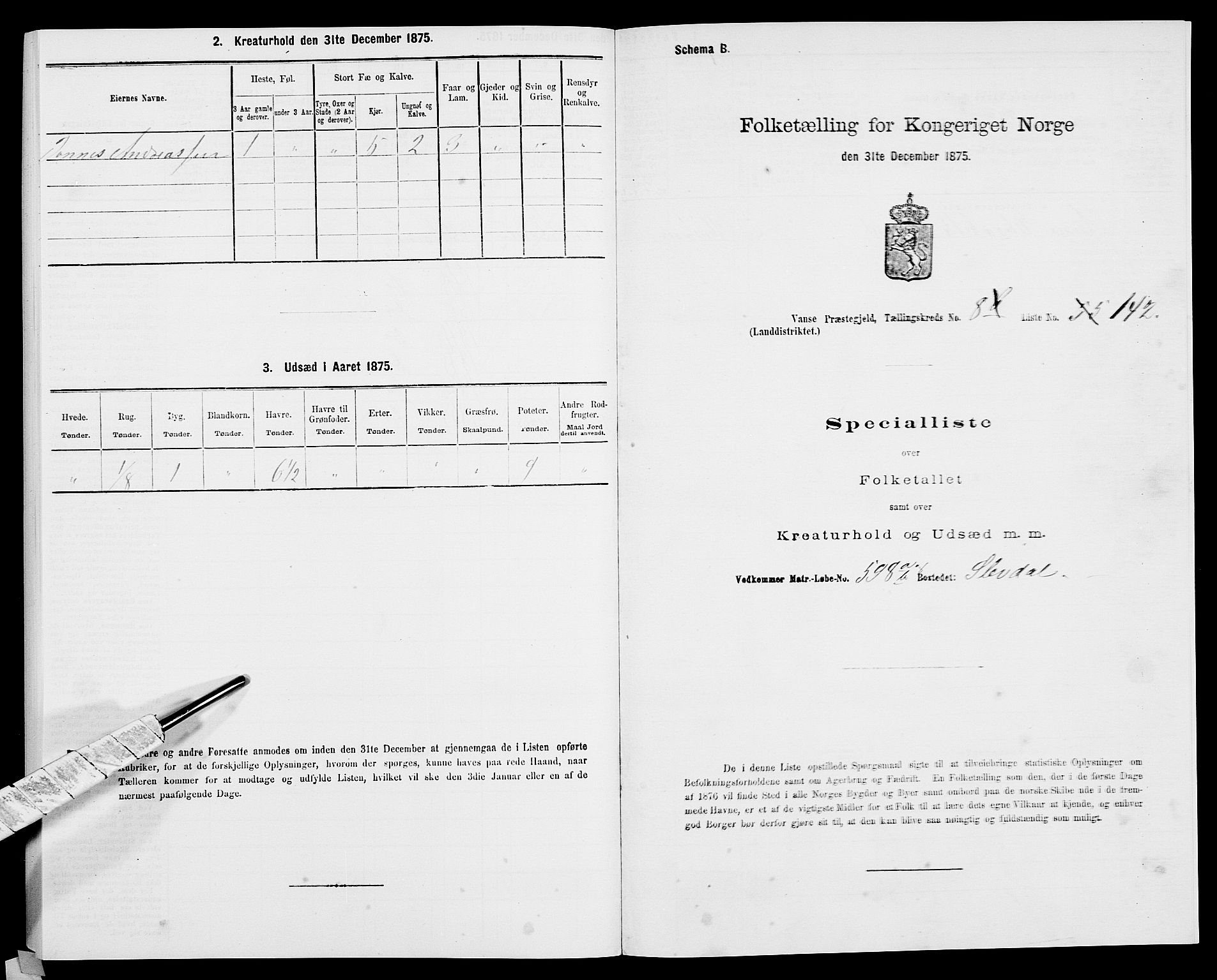 SAK, Folketelling 1875 for 1041L Vanse prestegjeld, Vanse sokn og Farsund landsokn, 1875, s. 1767