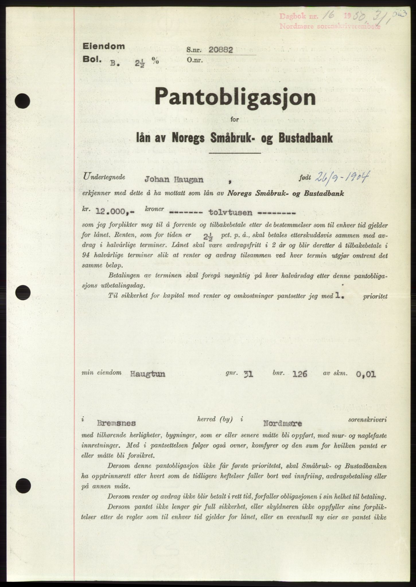 Nordmøre sorenskriveri, SAT/A-4132/1/2/2Ca: Pantebok nr. B103, 1949-1950, Dagboknr: 16/1950