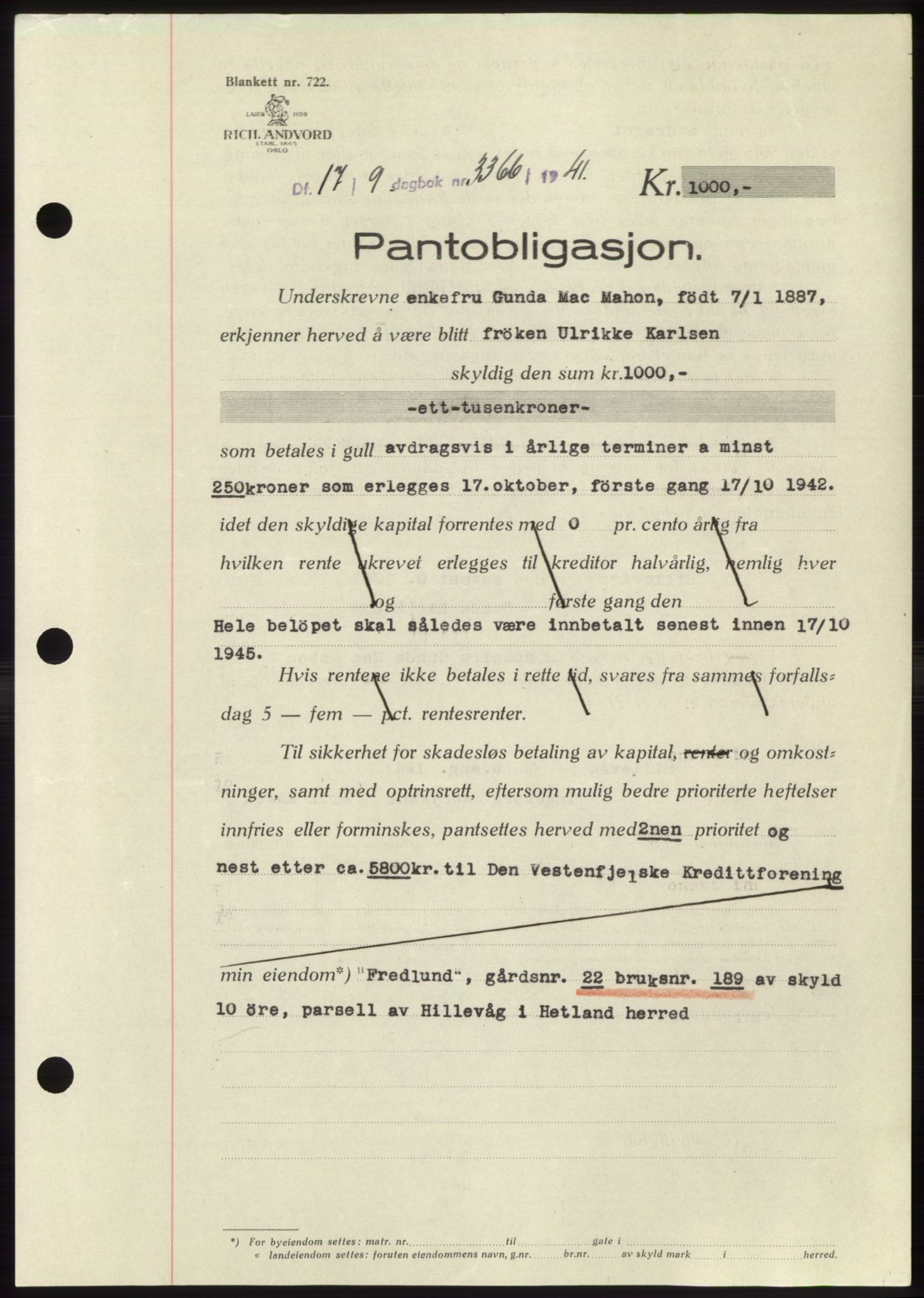 Jæren sorenskriveri, SAST/A-100310/03/G/Gba/L0081: Pantebok, 1941-1941, Dagboknr: 3366/1941