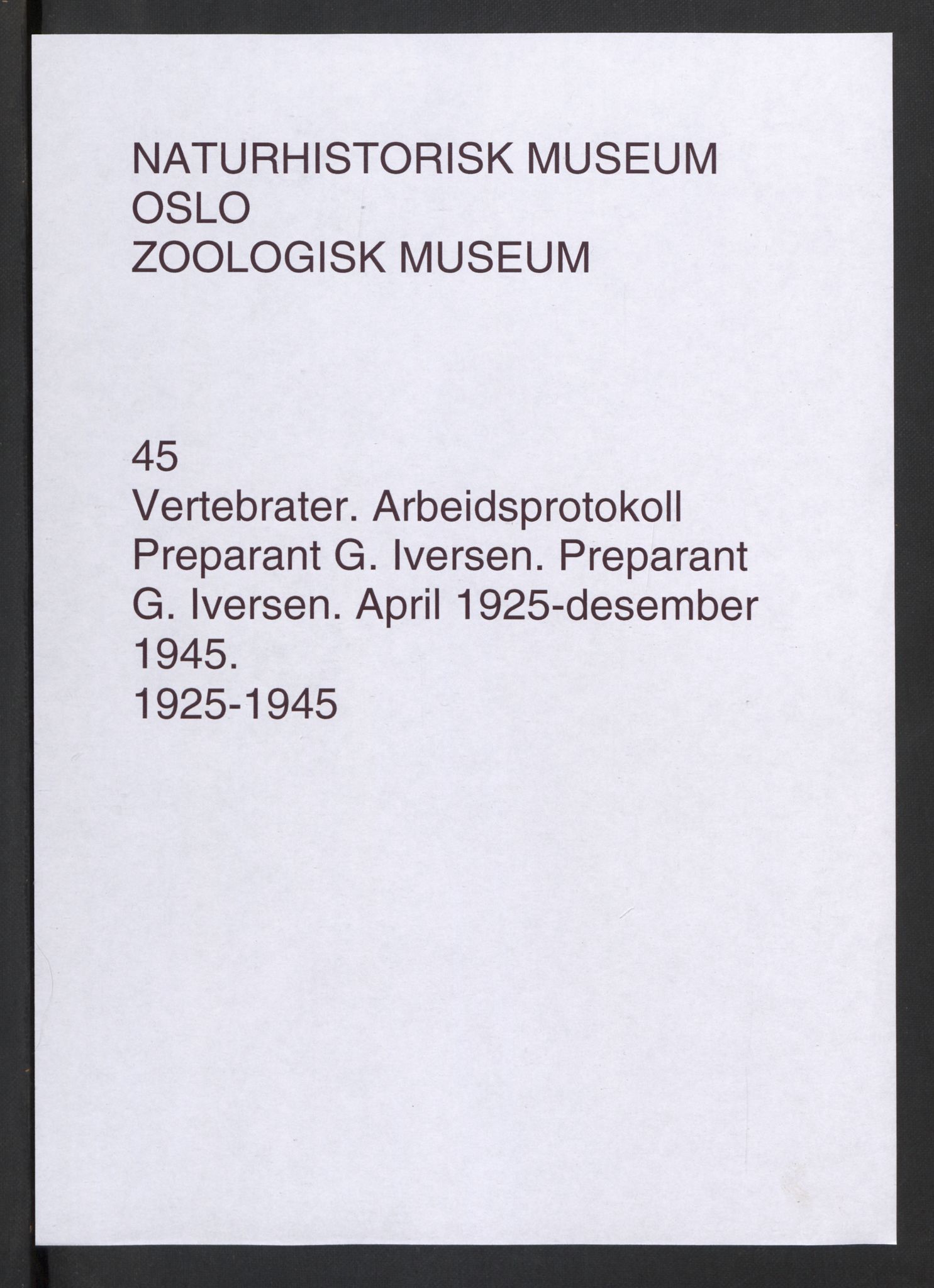 Naturhistorisk museum (Oslo), NHMO/-/5, 1925-1945