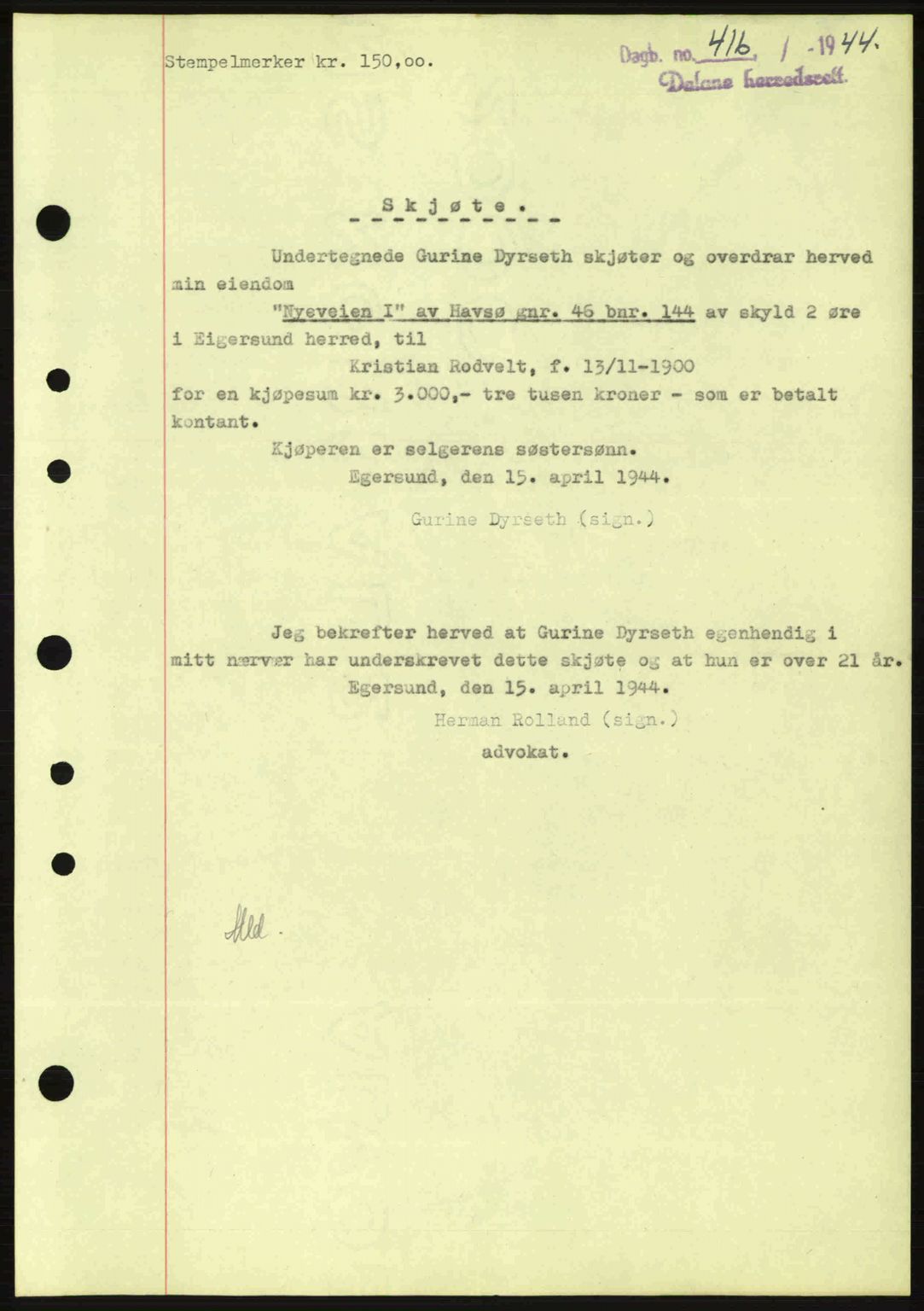 Dalane sorenskriveri, SAST/A-100309/02/G/Gb/L0047: Pantebok nr. A8 I, 1944-1945, Dagboknr: 416/1944