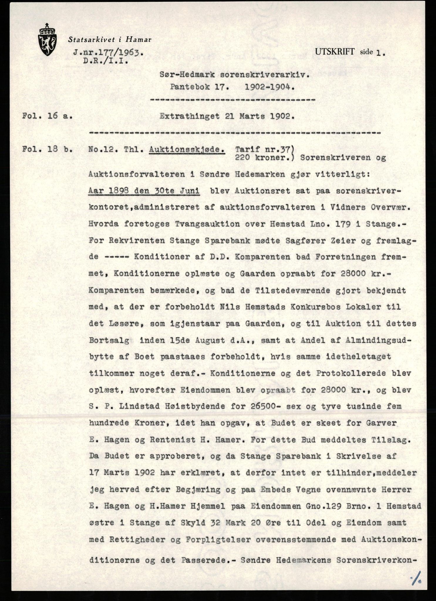 Avskriftssamlingen ved Statsarkivet i Hamar, SAH/AVSKRIFT-001/H/Hl/Hla/Hlaa/L0017: Pantebok for Sør-Hedmark, 1902-1904