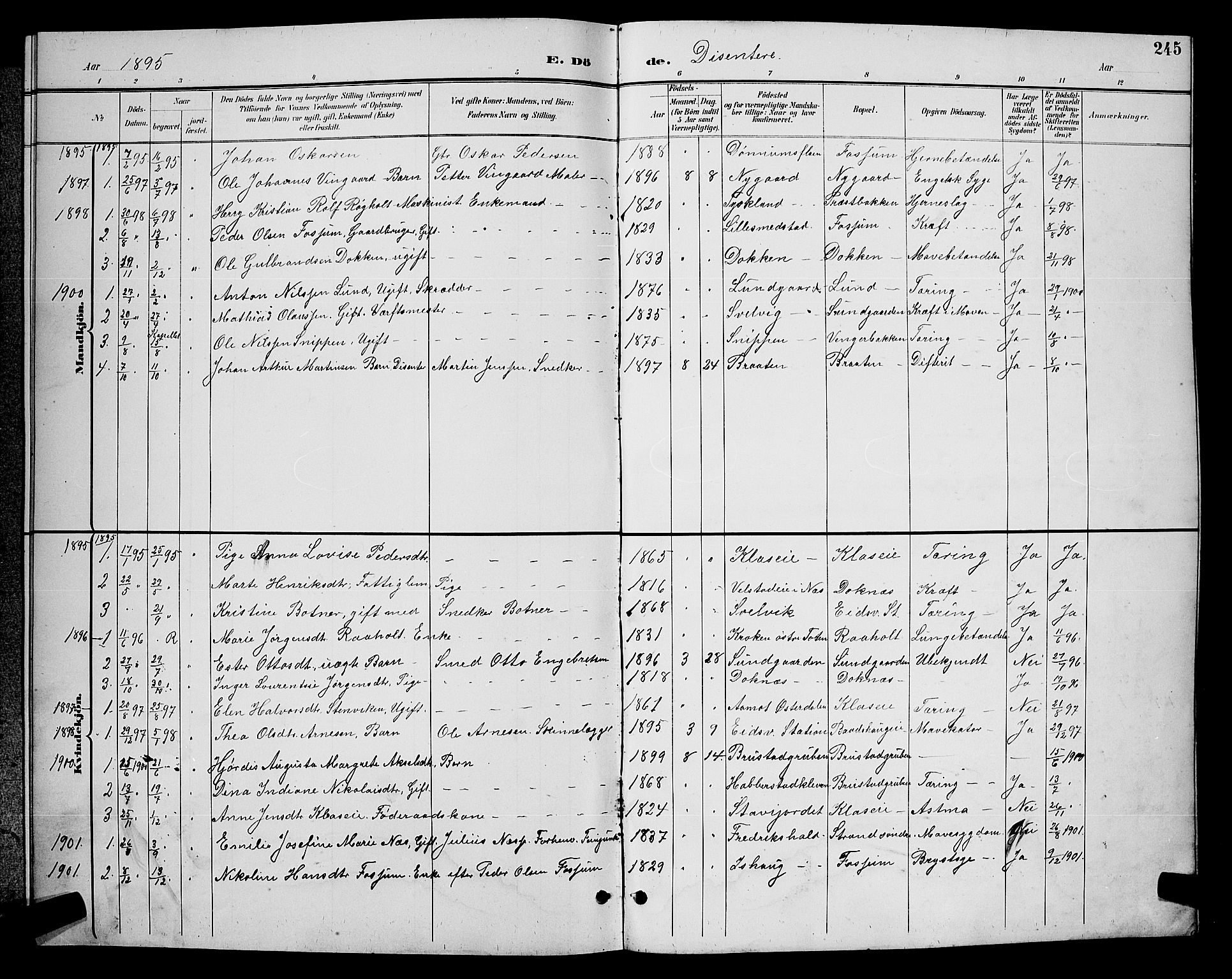 Eidsvoll prestekontor Kirkebøker, AV/SAO-A-10888/G/Ga/L0006: Klokkerbok nr. I 6, 1895-1901, s. 245