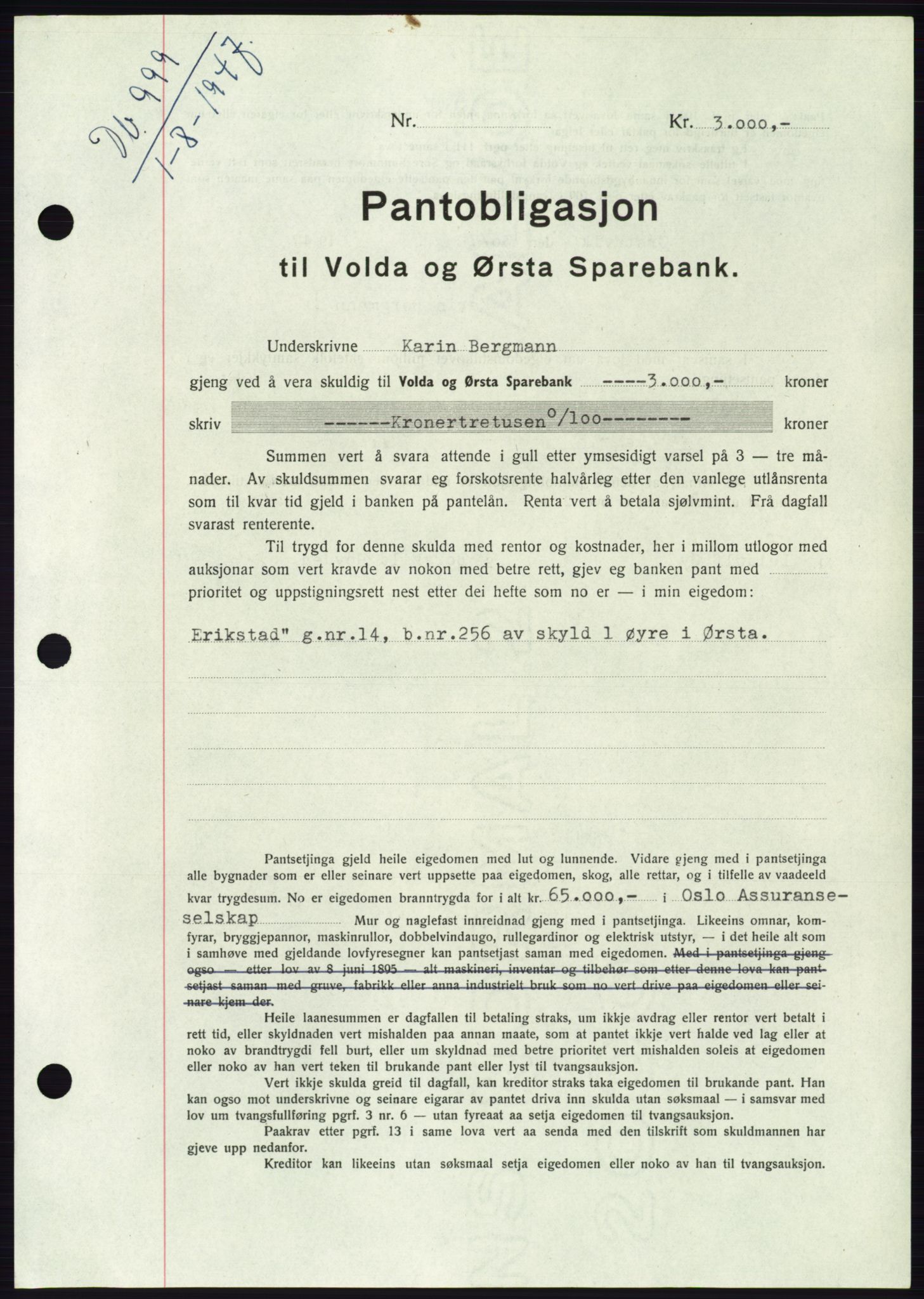 Søre Sunnmøre sorenskriveri, AV/SAT-A-4122/1/2/2C/L0115: Pantebok nr. 3B, 1947-1948, Dagboknr: 999/1947