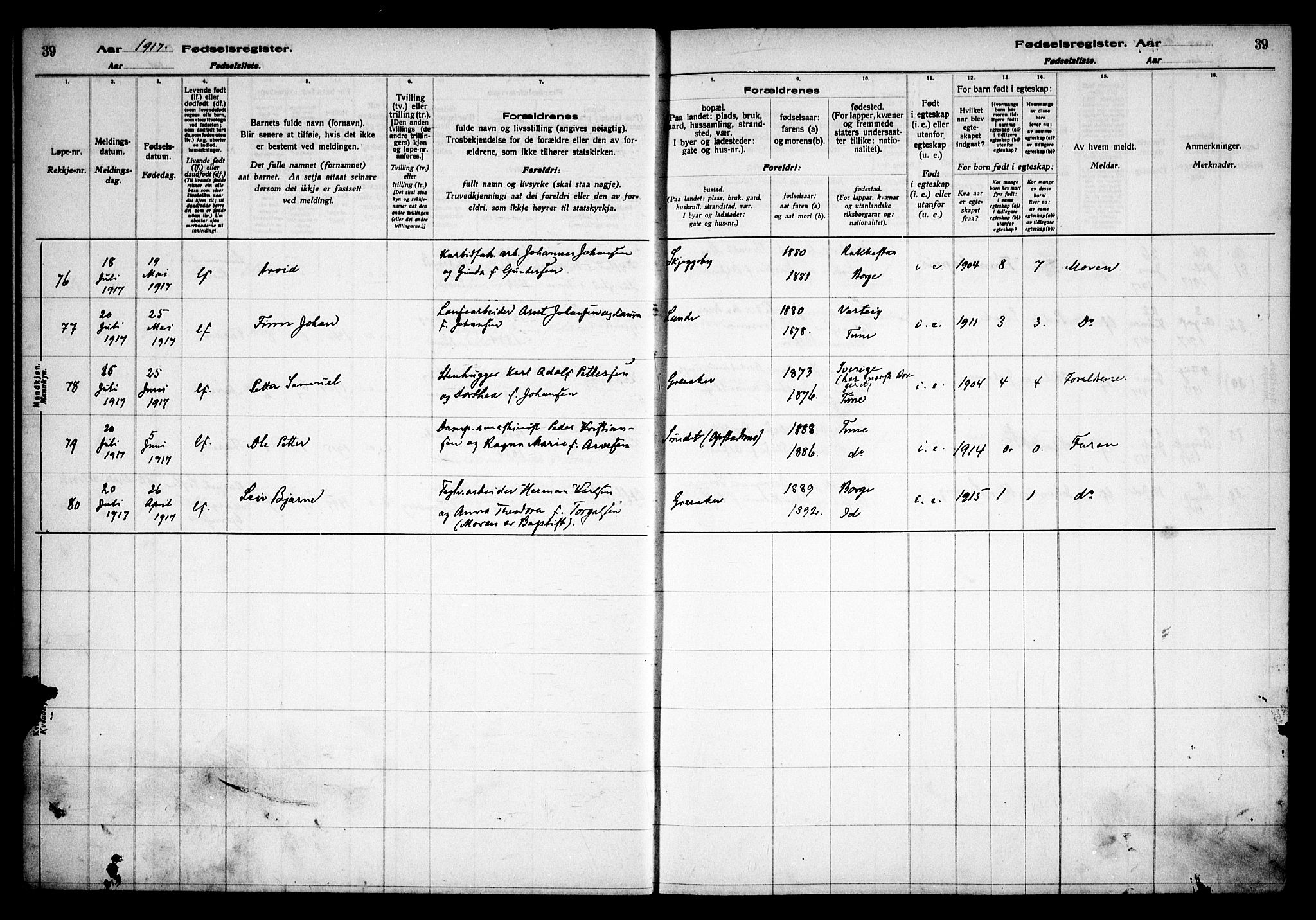 Tune prestekontor Kirkebøker, AV/SAO-A-2007/J/Ja/L0001: Fødselsregister nr. I 1, 1916-1928, s. 39