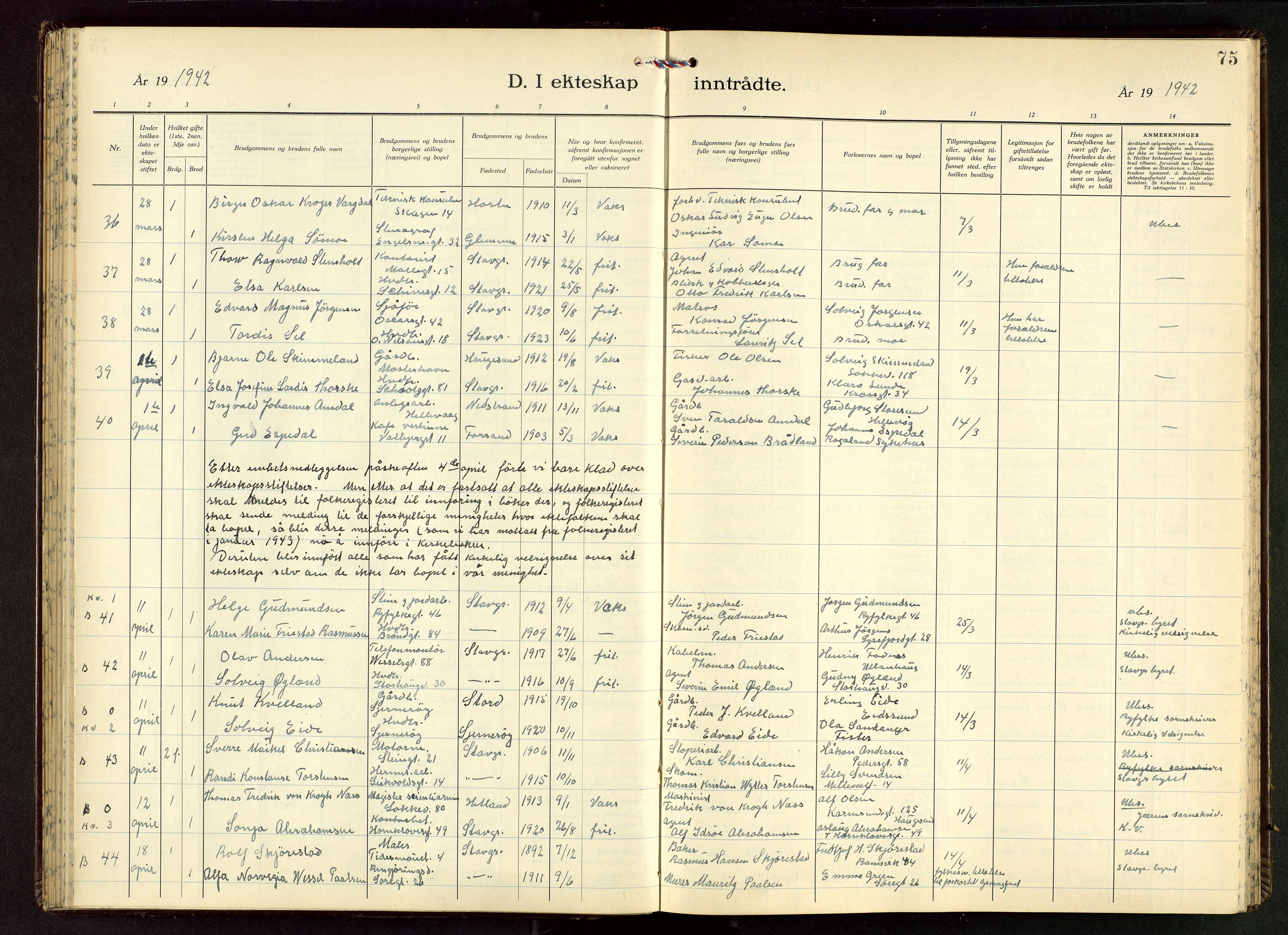 Domkirken sokneprestkontor, AV/SAST-A-101812/001/30/30BB/L0022: Klokkerbok nr. B 22, 1937-1949, s. 75