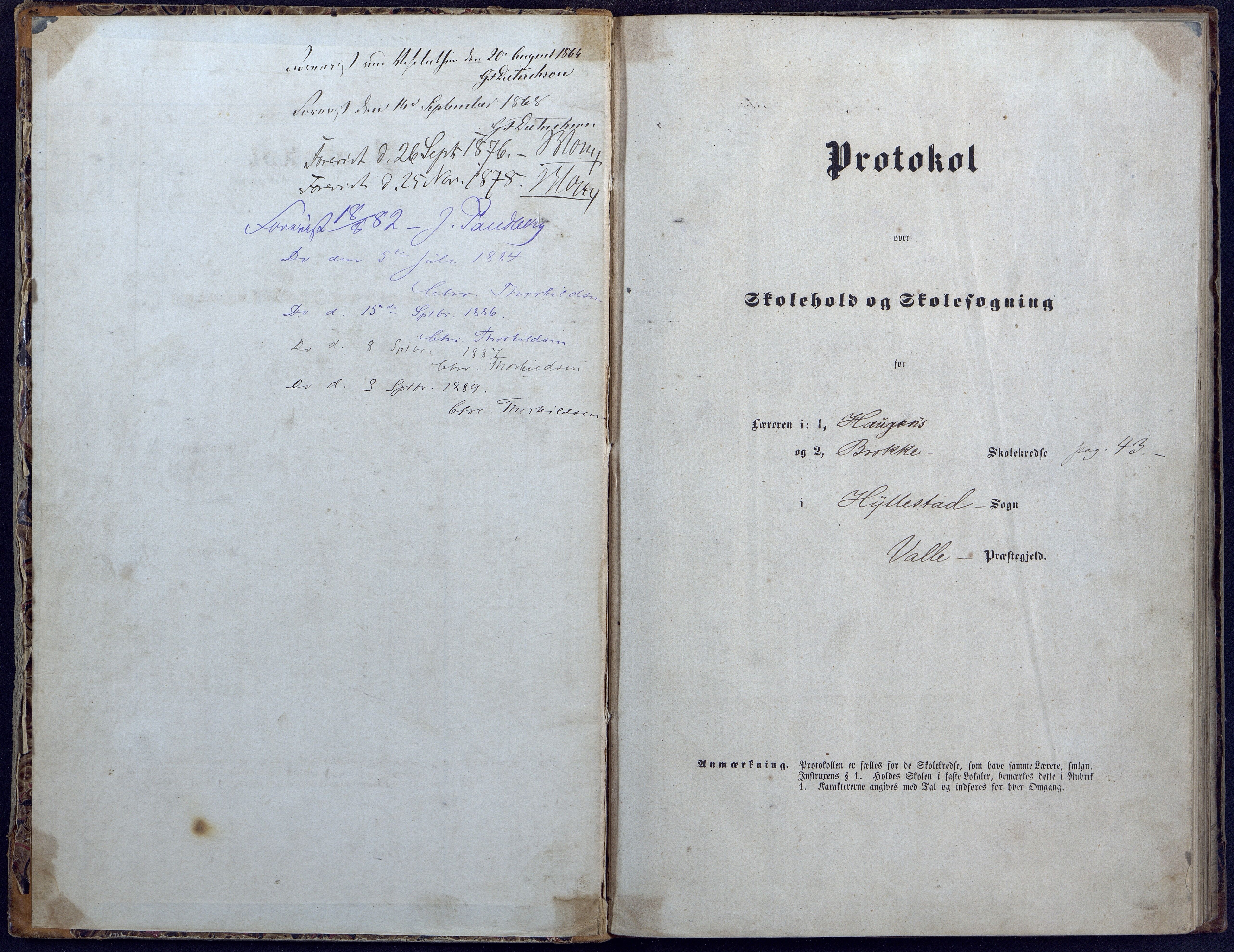 Hylestad kommune, AAKS/KA0939-PK/03/03b/L0004: Skoleprotokoll for Haugen og Brokke krets, 1863-1888