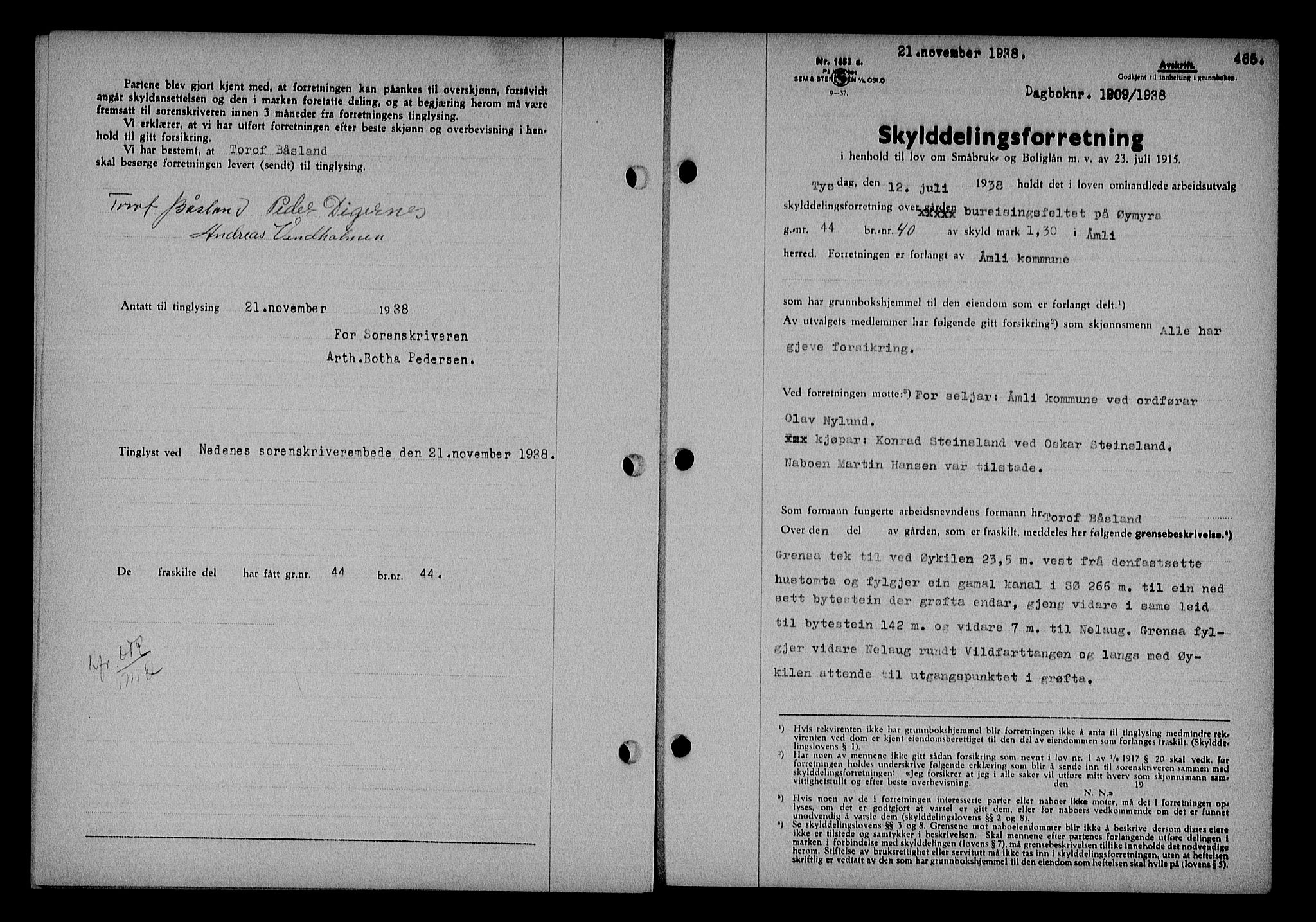 Nedenes sorenskriveri, SAK/1221-0006/G/Gb/Gba/L0045: Pantebok nr. 41, 1938-1938, Dagboknr: 1209/1938