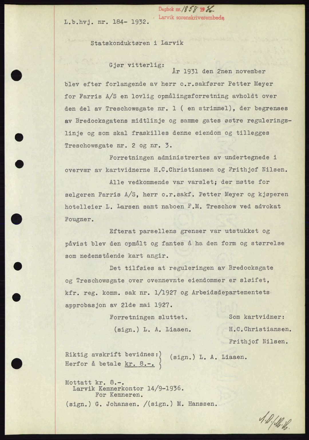 Larvik sorenskriveri, SAKO/A-83/G/Ga/Gab/L0067: Pantebok nr. A-1, 1936-1937, Dagboknr: 1858/1936
