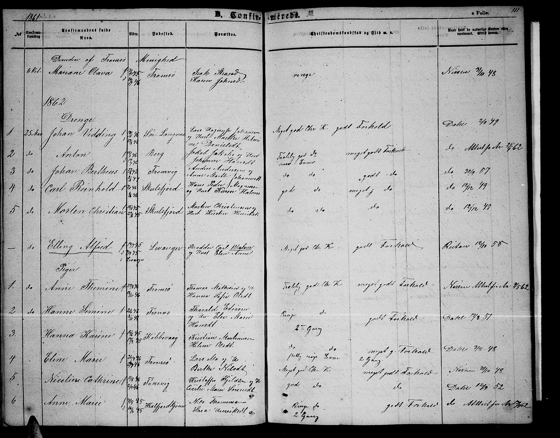 Tromsøysund sokneprestkontor, AV/SATØ-S-1304/G/Gb/L0001klokker: Klokkerbok nr. 1, 1857-1869, s. 111