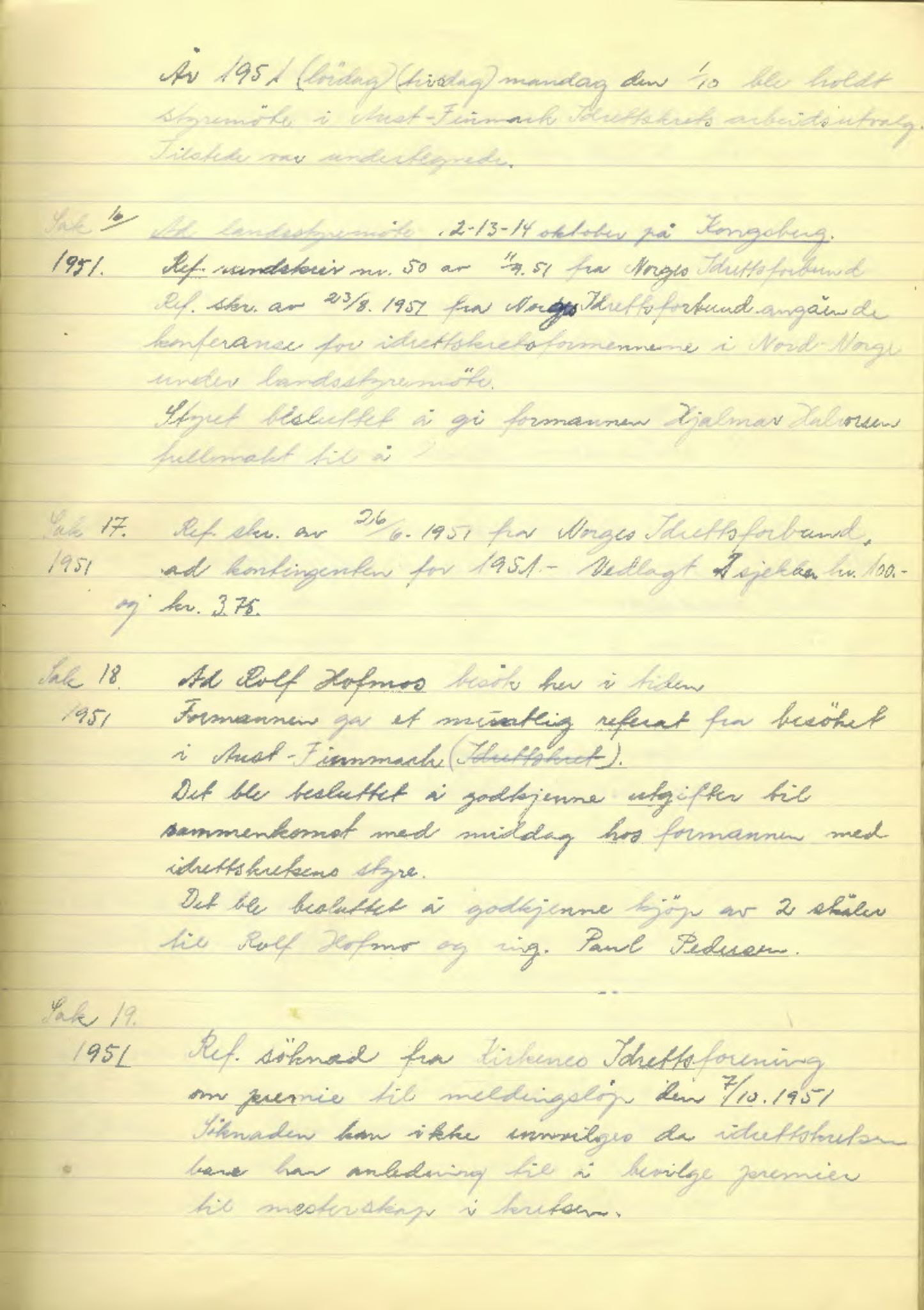 Aust-Finnmark Idrettskrets , FMFB/A-1041/A/L0002: Møteprotokoll for  styre, ting og arbeidsutvalg, 1951-1954, s. 20