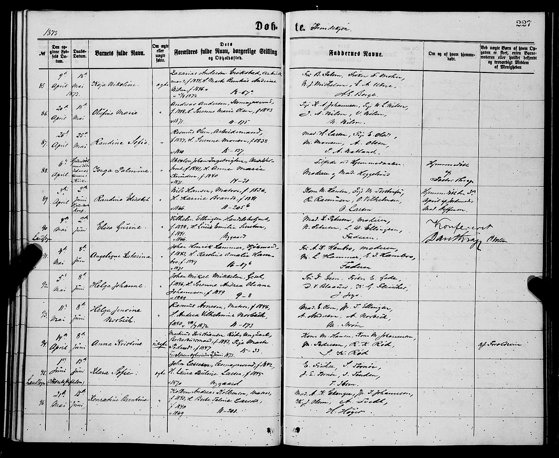 Domkirken sokneprestembete, AV/SAB-A-74801/H/Hab/L0013: Klokkerbok nr. B 6, 1869-1876, s. 227