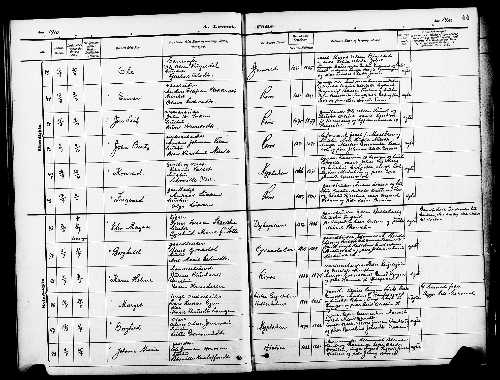 Ministerialprotokoller, klokkerbøker og fødselsregistre - Sør-Trøndelag, AV/SAT-A-1456/681/L0942: Klokkerbok nr. 681C06, 1906-1925, s. 44