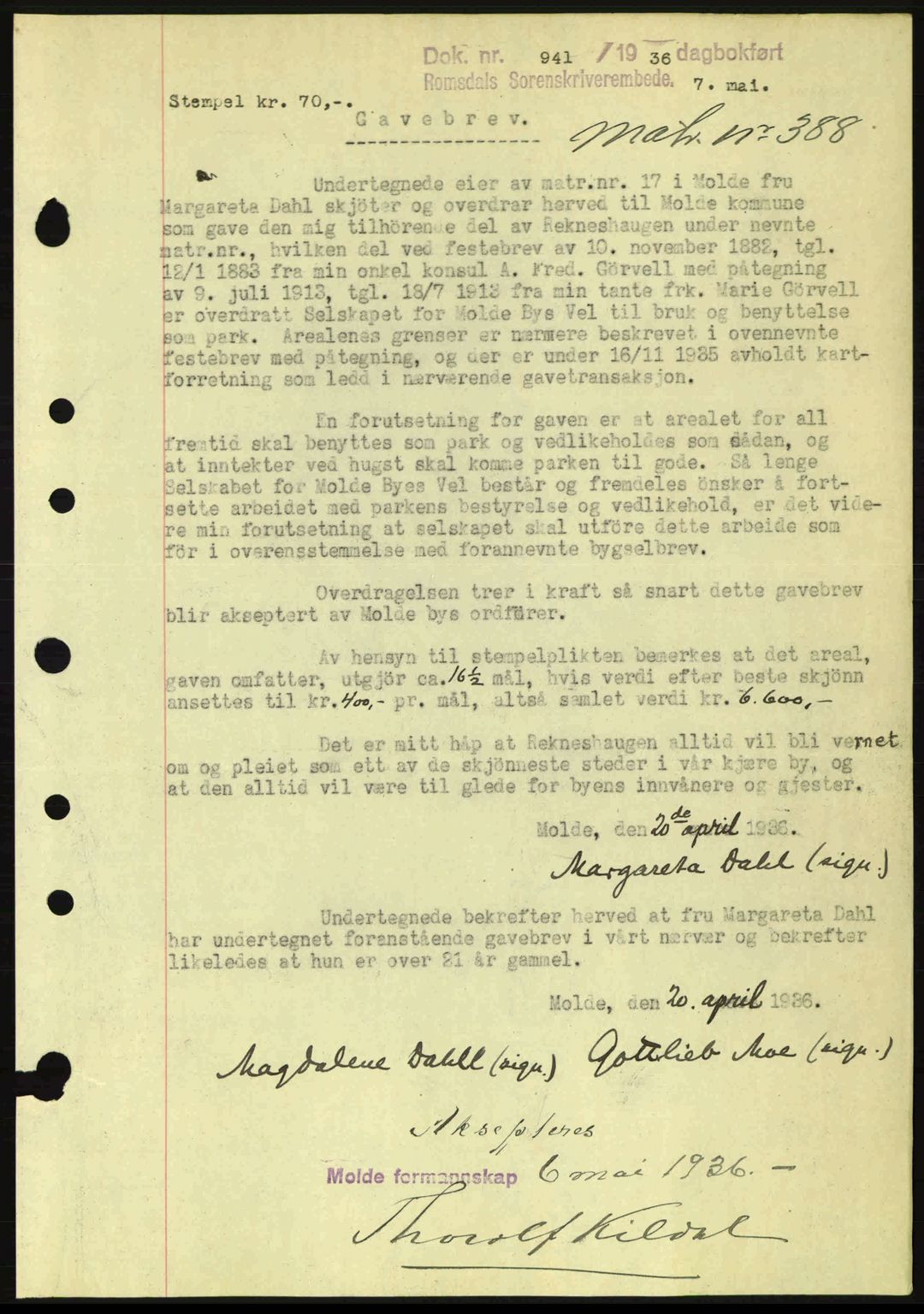 Romsdal sorenskriveri, SAT/A-4149/1/2/2C: Pantebok nr. A1, 1936-1936, Dagboknr: 941/1936