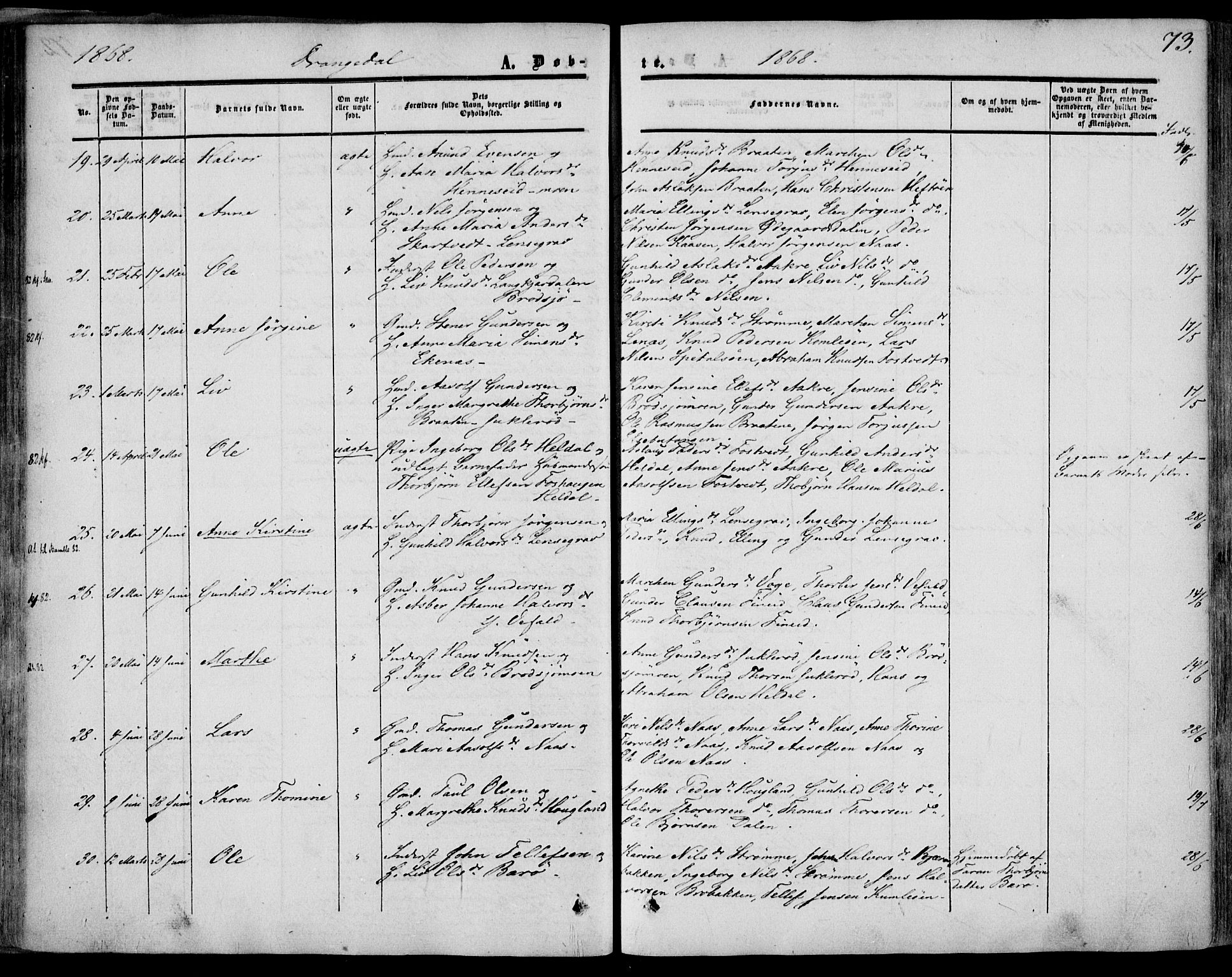 Drangedal kirkebøker, AV/SAKO-A-258/F/Fa/L0008: Ministerialbok nr. 8, 1857-1871, s. 73