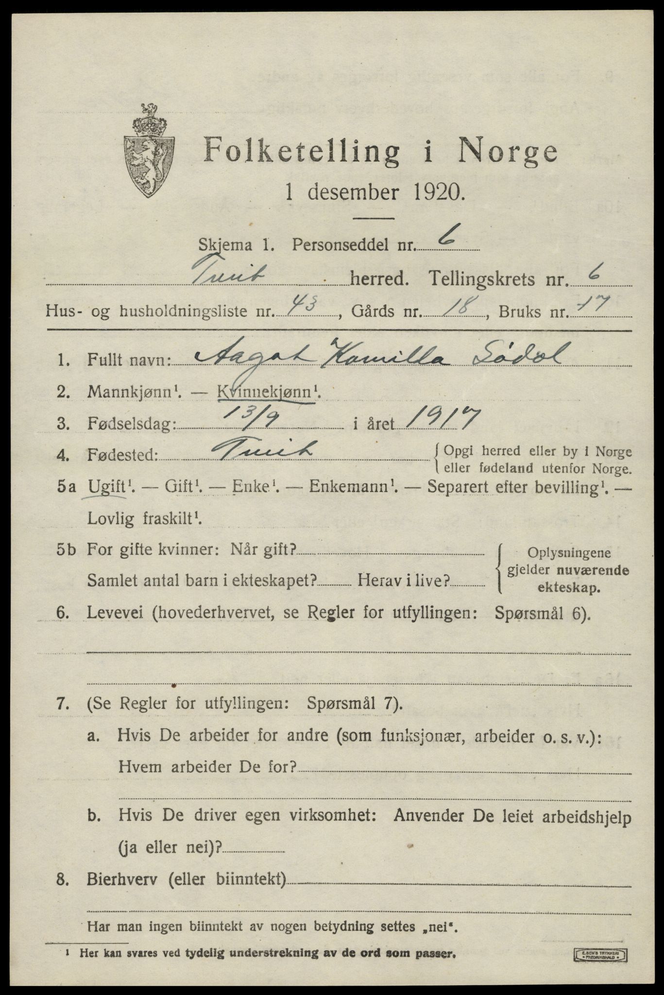 SAK, Folketelling 1920 for 1013 Tveit herred, 1920, s. 3176