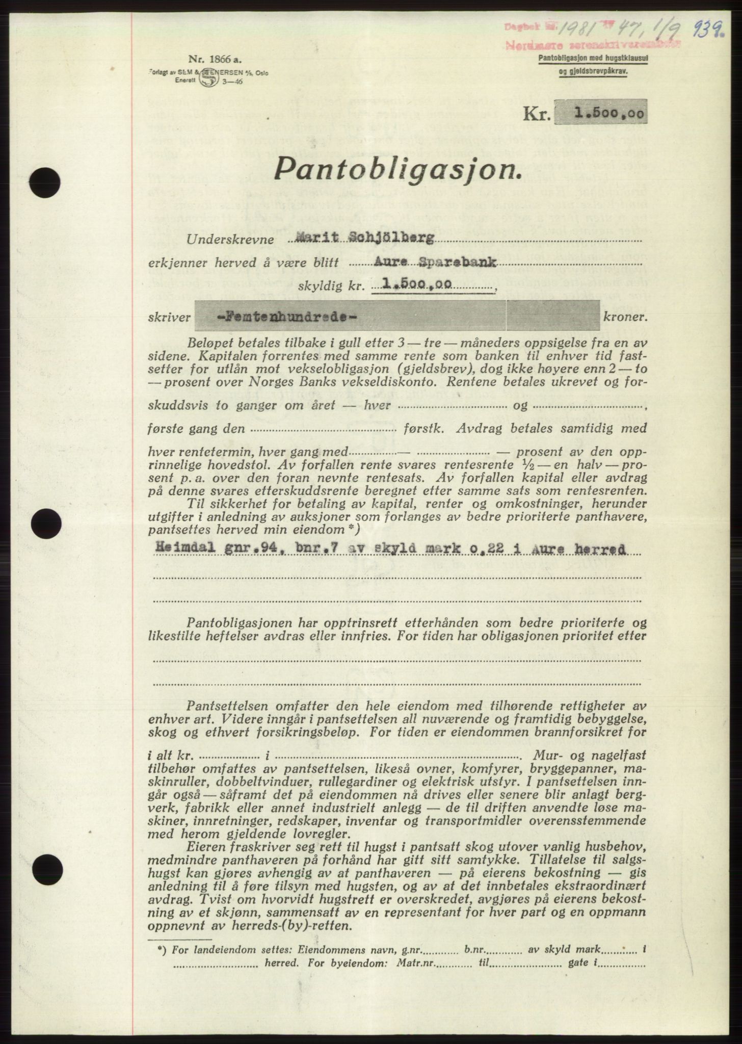 Nordmøre sorenskriveri, SAT/A-4132/1/2/2Ca: Pantebok nr. B96, 1947-1947, Dagboknr: 1981/1947