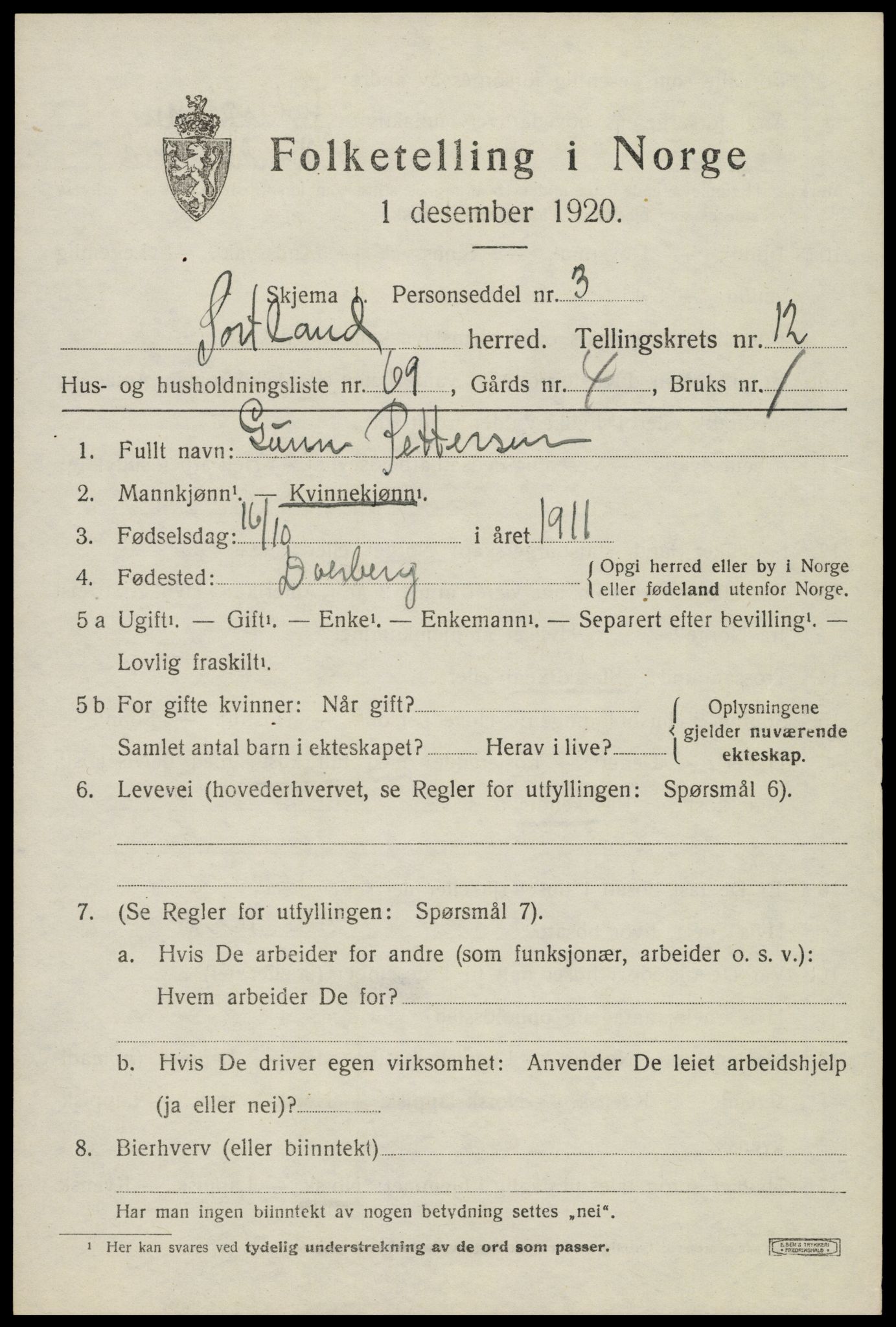 SAT, Folketelling 1920 for 1870 Sortland herred, 1920, s. 9924