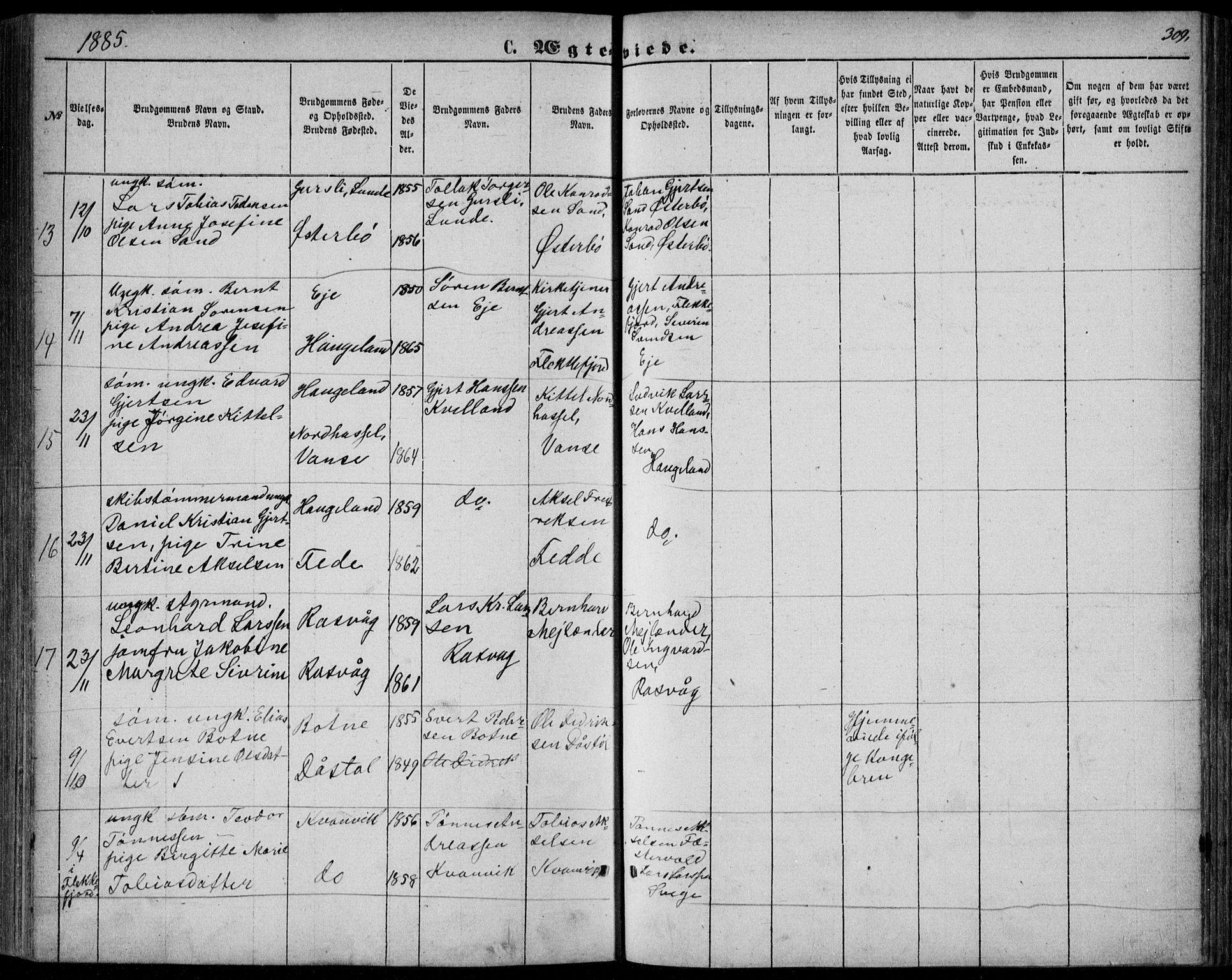 Flekkefjord sokneprestkontor, AV/SAK-1111-0012/F/Fb/Fbb/L0003: Klokkerbok nr. B 3, 1867-1889, s. 309