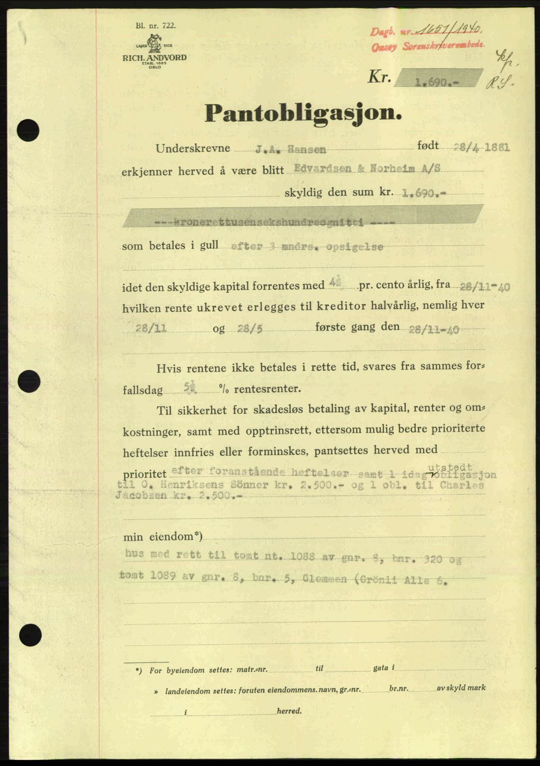 Onsøy sorenskriveri, SAO/A-10474/G/Ga/Gac/L0003: Pantebok nr. B3, 1940-1944, Dagboknr: 1651/1940