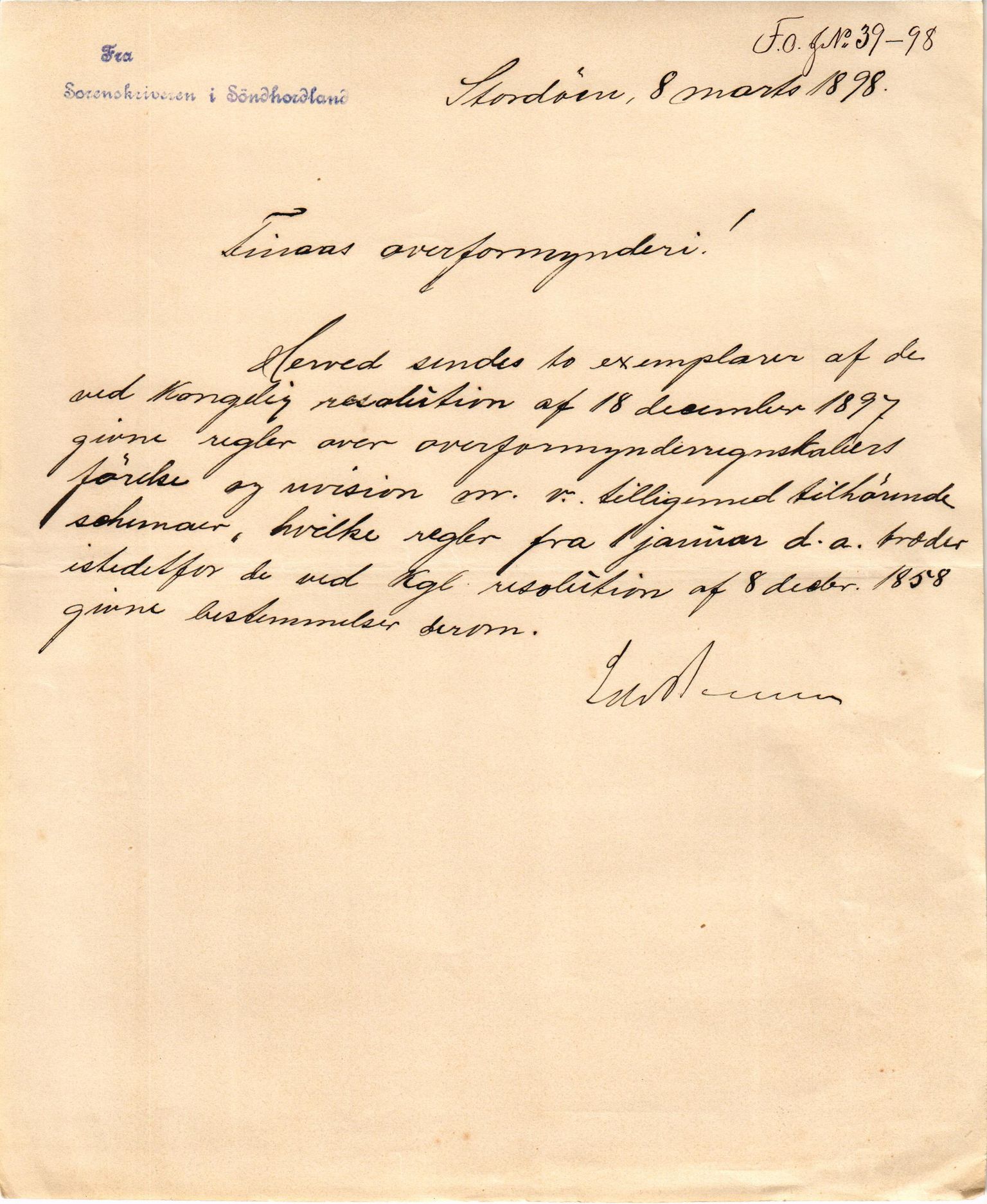 Finnaas kommune. Overformynderiet, IKAH/1218a-812/D/Da/Daa/L0002/0001: Kronologisk ordna korrespondanse / Kronologisk ordna korrespondanse, 1896-1900, s. 86