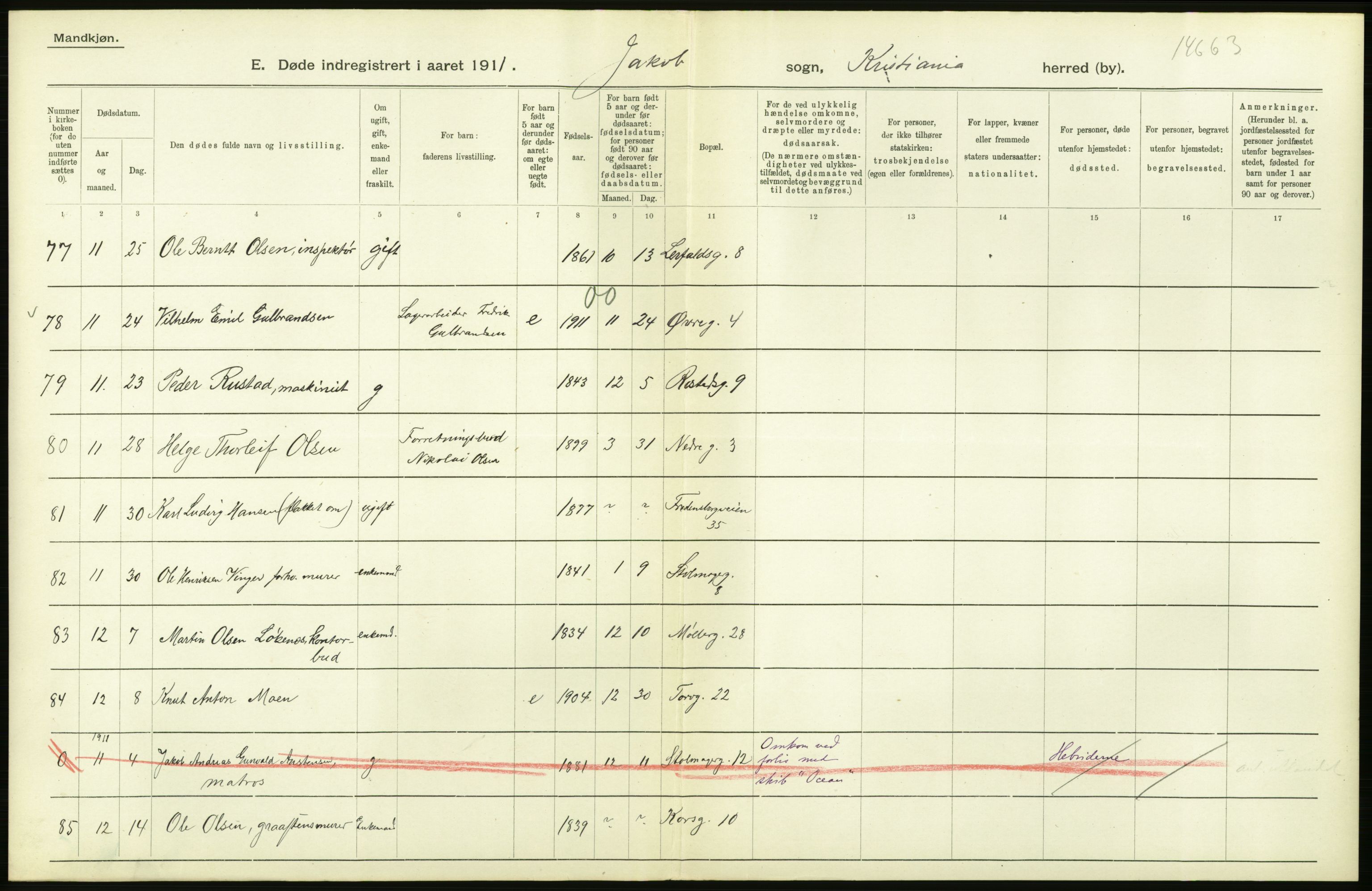 Statistisk sentralbyrå, Sosiodemografiske emner, Befolkning, AV/RA-S-2228/D/Df/Dfb/Dfba/L0009: Kristiania: Døde menn, 1911, s. 222