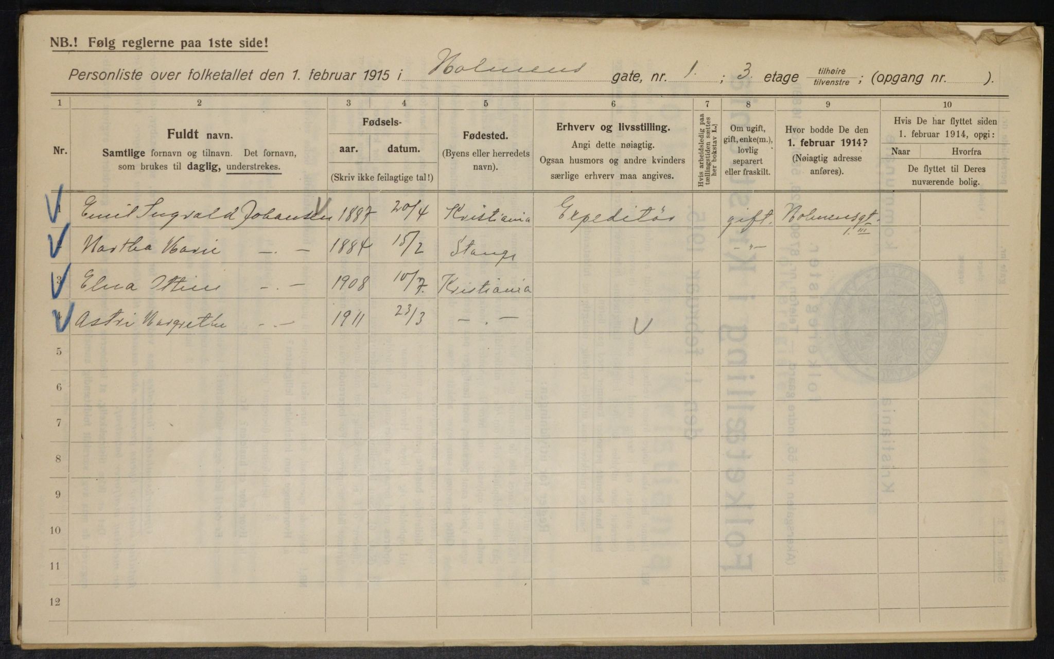 OBA, Kommunal folketelling 1.2.1915 for Kristiania, 1915, s. 40417