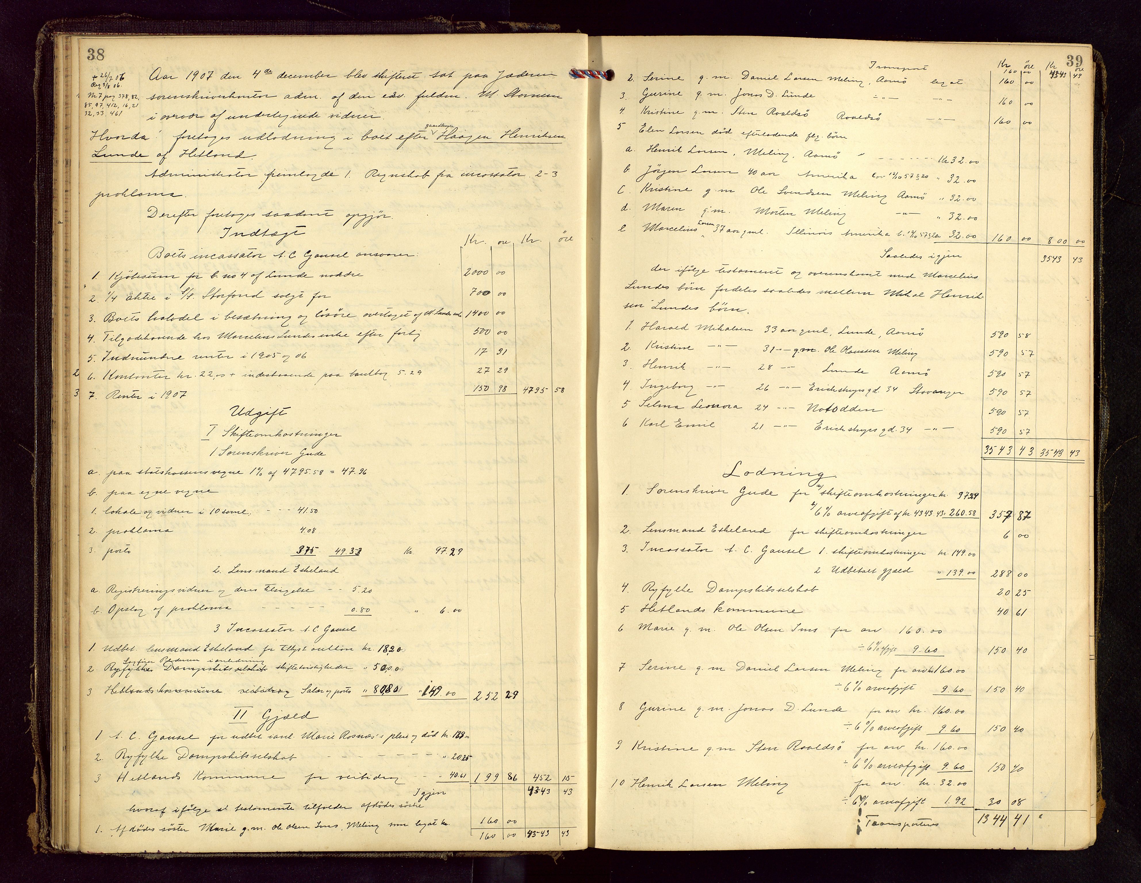 Jæren sorenskriveri, AV/SAST-A-100310/01/5/50/50BB/L0007: SKIFTEUTLODNINGSPROTOKOLL, 1907-1914, s. 38-39