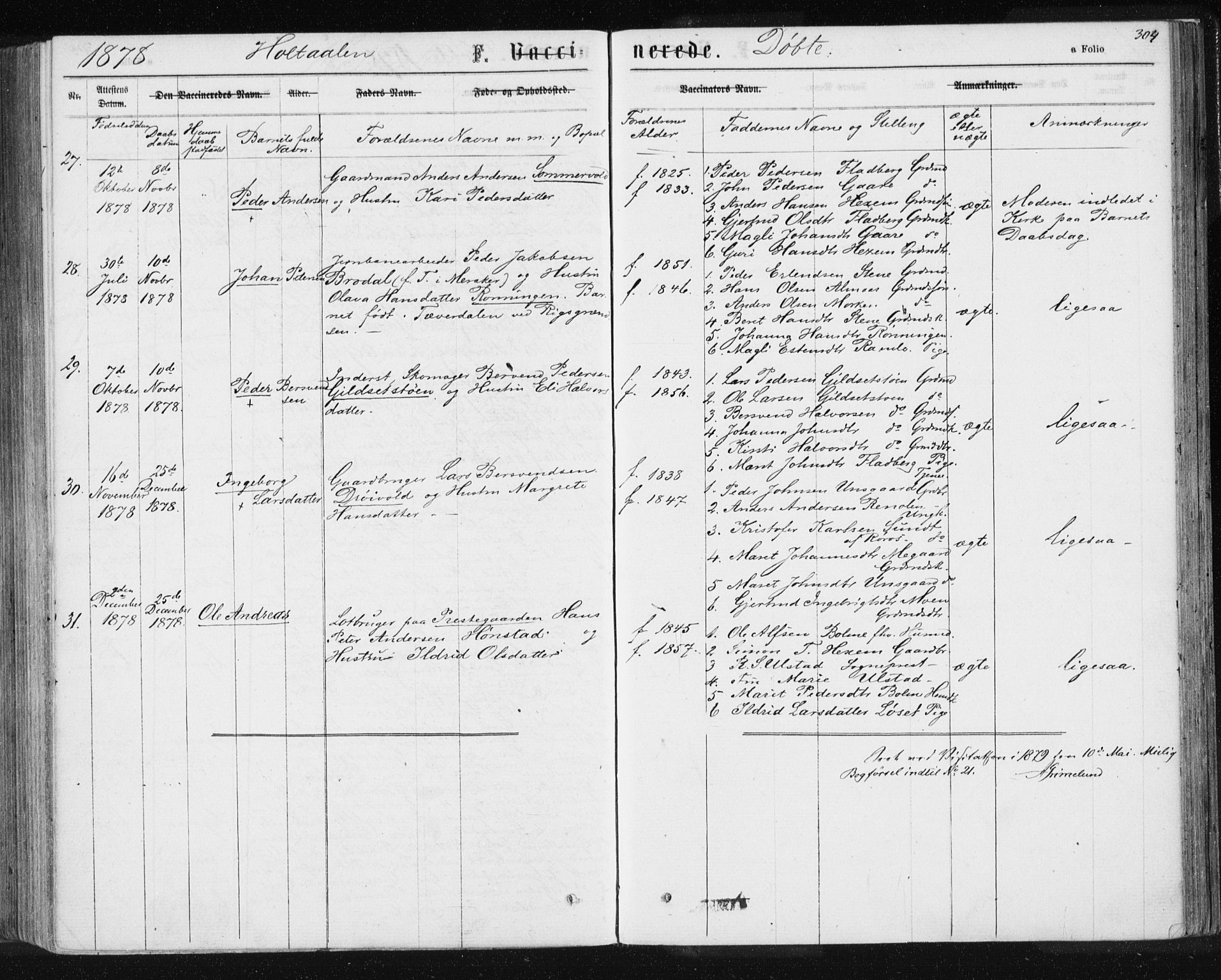 Ministerialprotokoller, klokkerbøker og fødselsregistre - Sør-Trøndelag, SAT/A-1456/685/L0969: Ministerialbok nr. 685A08 /1, 1870-1878, s. 304