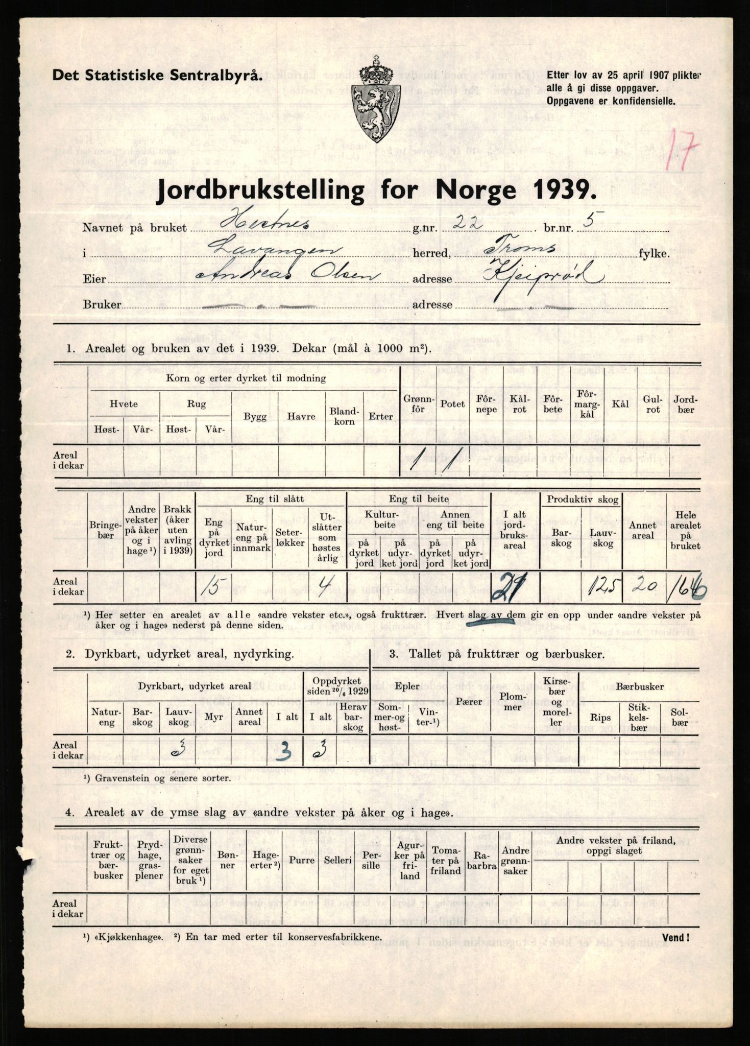 Statistisk sentralbyrå, Næringsøkonomiske emner, Jordbruk, skogbruk, jakt, fiske og fangst, AV/RA-S-2234/G/Gb/L0339: Troms: Andørja, Astafjord og Lavangen, 1939, s. 1026